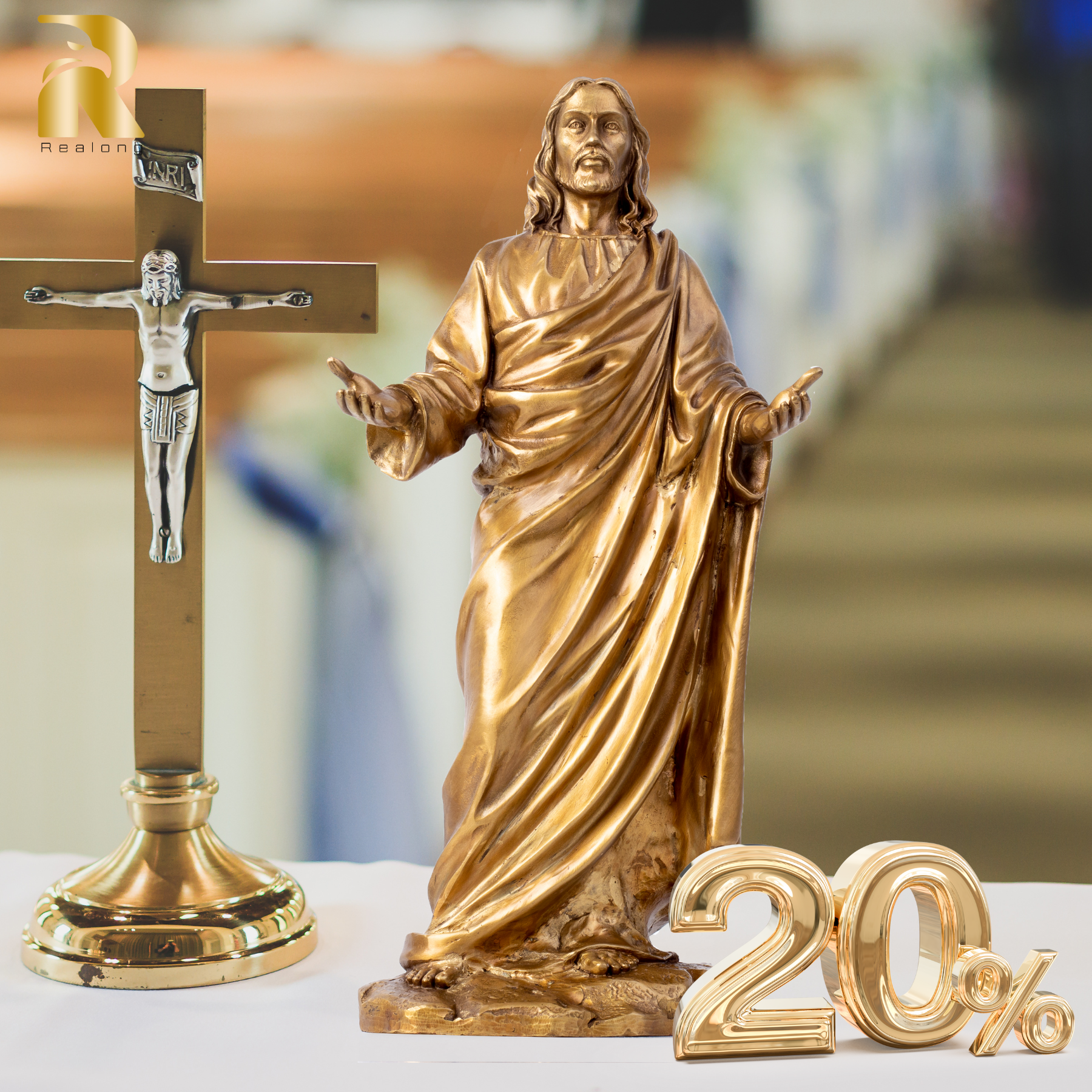 12.2''/31cm Gold Bronze Jesus Statue, Brass Religious The Lord SaviorSon of God Sacred Christian Figurine Sculptures Art for Home Office Decor Gift.