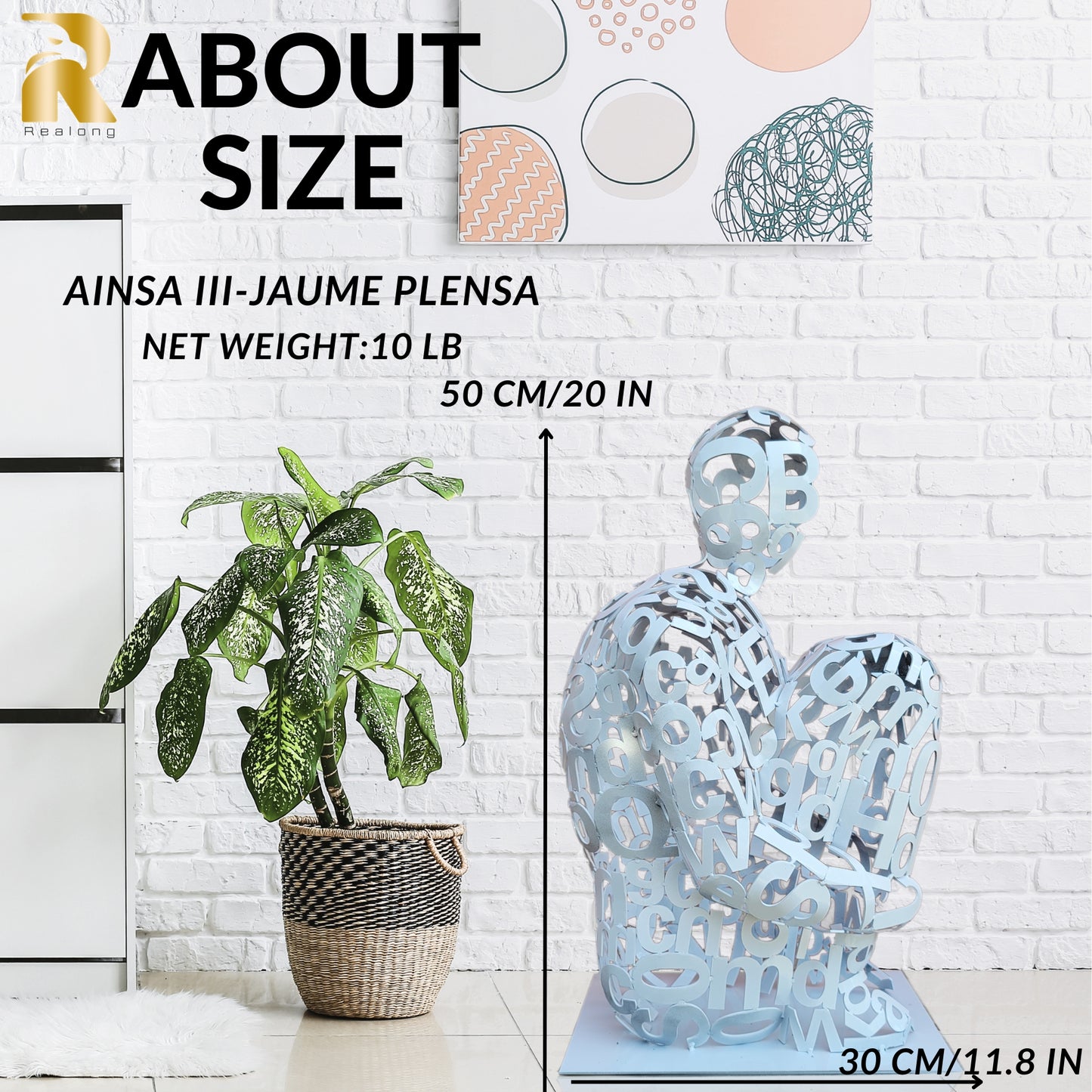 19.6'' High White Painted Stainless Steel Abstract Figure Sculpture 'Ainsa III' -Jaume Plensa,Handcrafted Laser Engraved Figure Formed by Letters from Nine Different International Alphabets, Exhibiting Exceptional Artistic Value