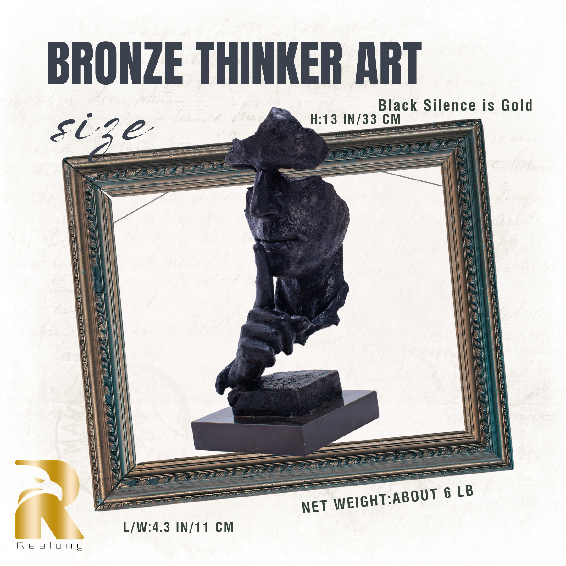 Abstract Bronze Thinker Statue,13”Silence is Gold Bronze Figurine Sculpture Handcrafted & Marble Base Modern Art Crafts for Office Home Decor and Gift (Black)