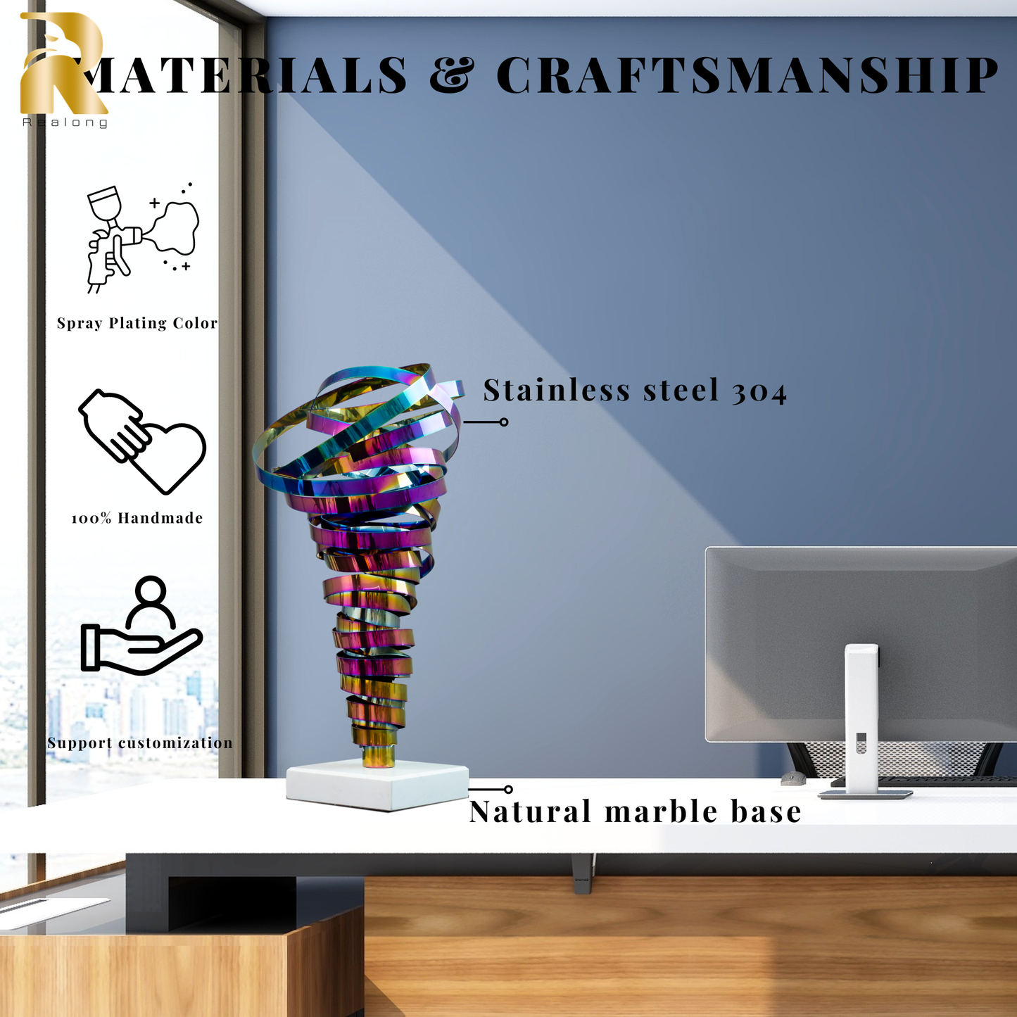 15.7'' Spray-Plated Colored Stainless Steel Abstract Sculpture Metal Swirl Modern Sculpture Table & Desk Office Decor