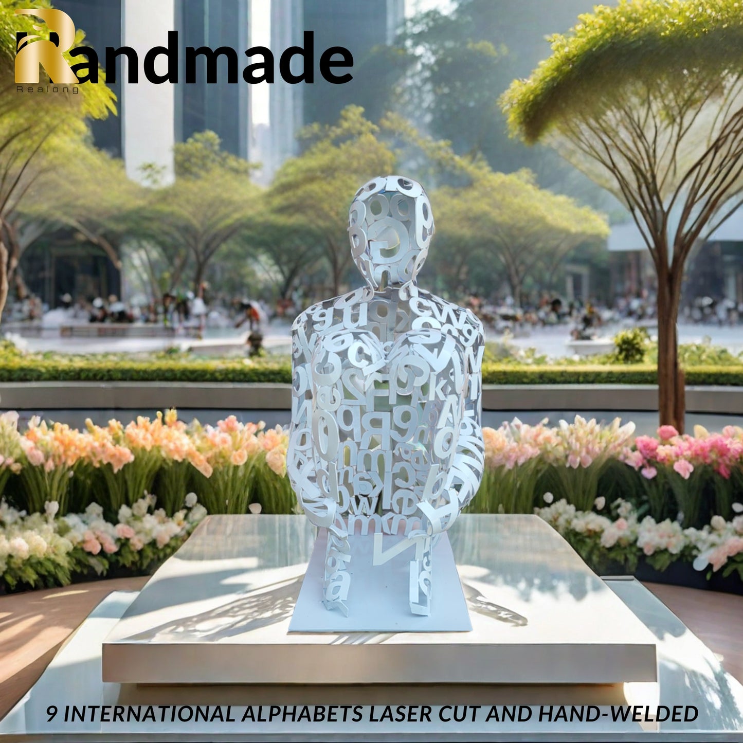 19.6'' High White Painted Stainless Steel Abstract Figure Sculpture 'Ainsa III' -Jaume Plensa,Handcrafted Laser Engraved Figure Formed by Letters from Nine Different International Alphabets, Exhibiting Exceptional Artistic Value