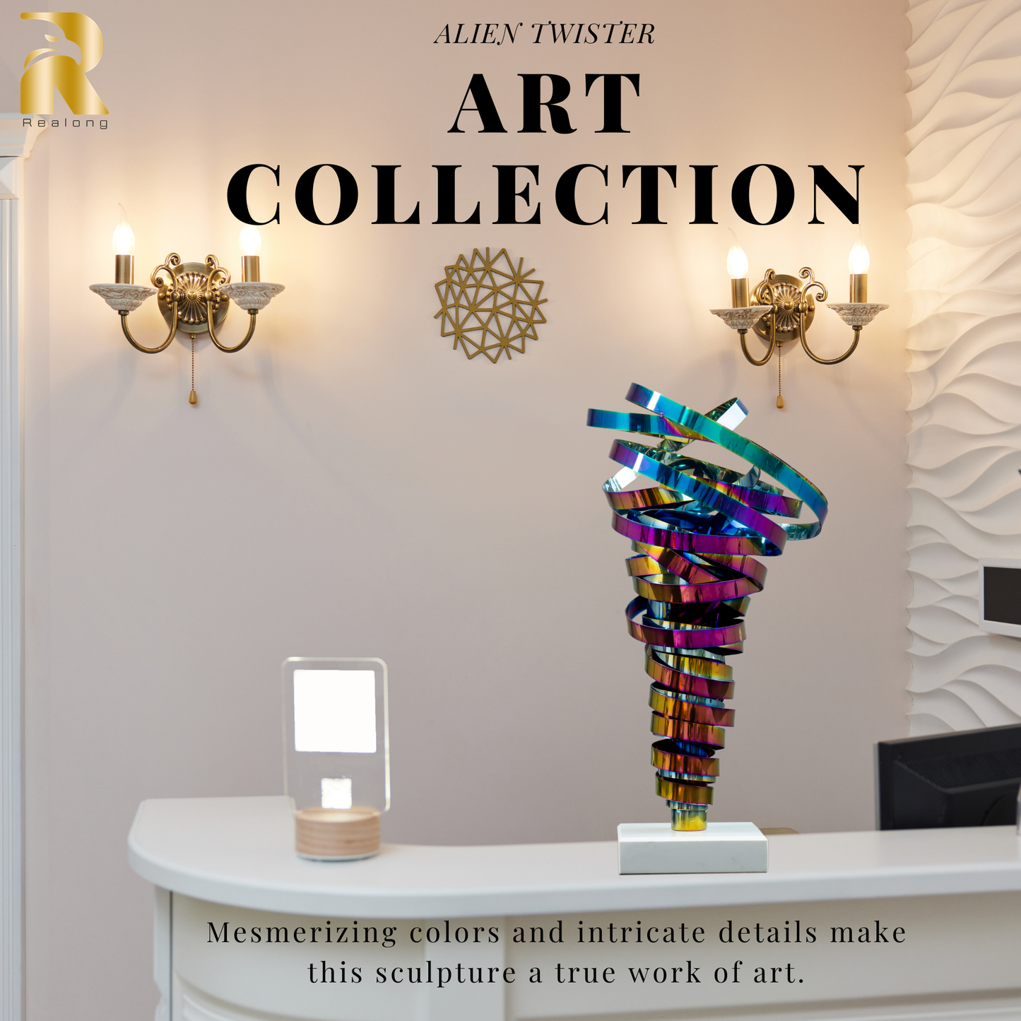 15.7'' Spray-Plated Colored Stainless Steel Abstract Sculpture Metal Swirl Modern Sculpture Table & Desk Office Decor