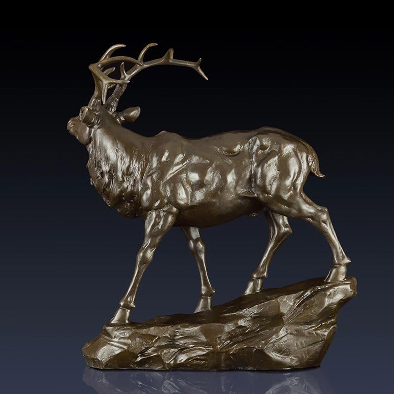 Bronze Deer Sculpture - Majestic Stag with Antlers, 13.8" Brasss Elk&Moose Realistic Design for Home Décor, Art Collections, and Luxury Gifts