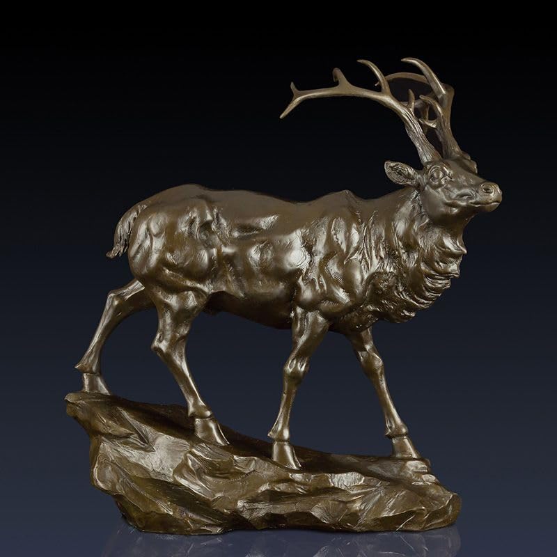 Bronze Deer Sculpture - Majestic Stag with Antlers, 13.8" Brasss Elk&Moose Realistic Design for Home Décor, Art Collections, and Luxury Gifts