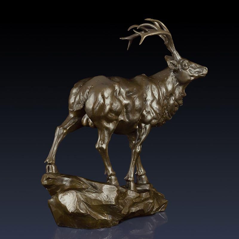 Bronze Deer Sculpture - Majestic Stag with Antlers, 13.8" Brasss Elk&Moose Realistic Design for Home Décor, Art Collections, and Luxury Gifts