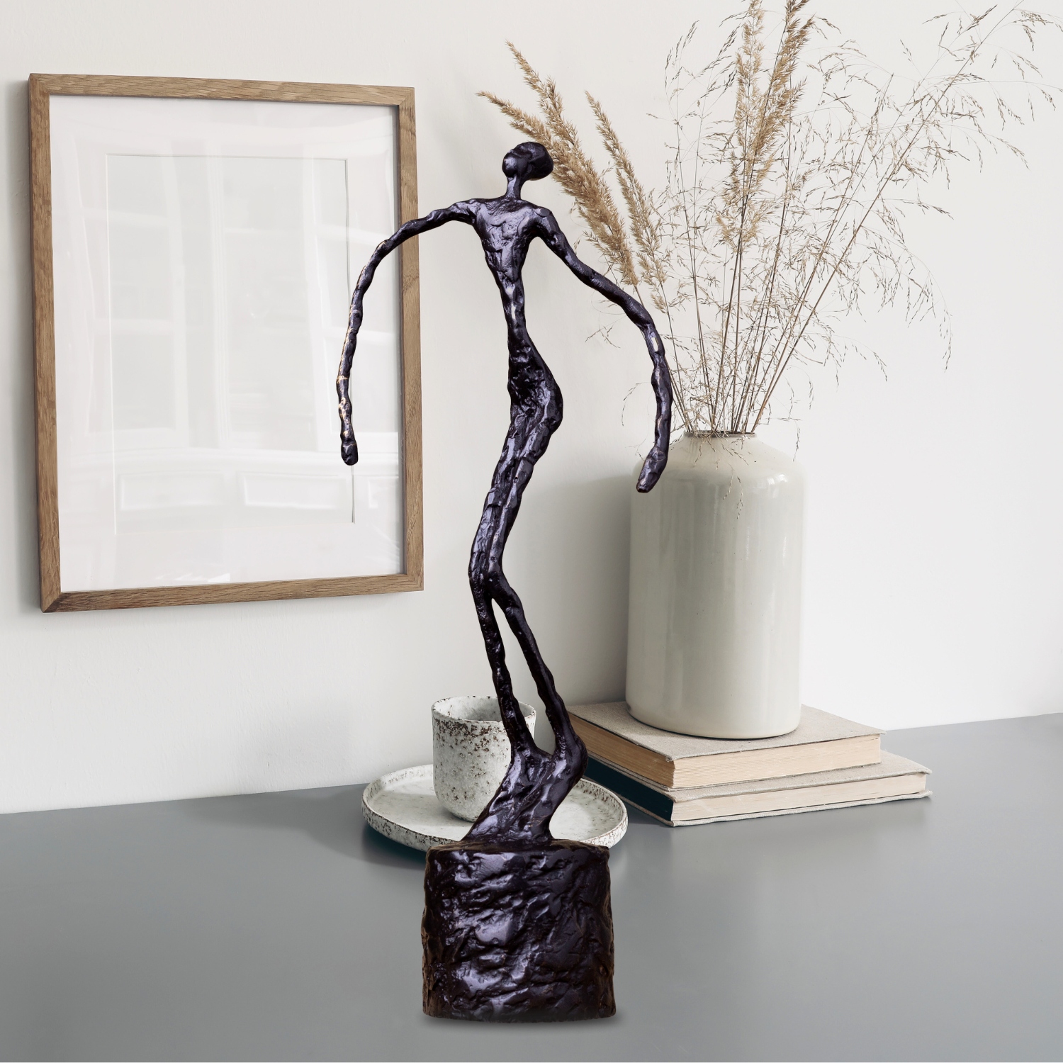 27cm Giacometti Style Abstract Bronze Figure Sculpture – Handmade Lost Wax Copper Art Statue, Minimalist Modern Desk Decor