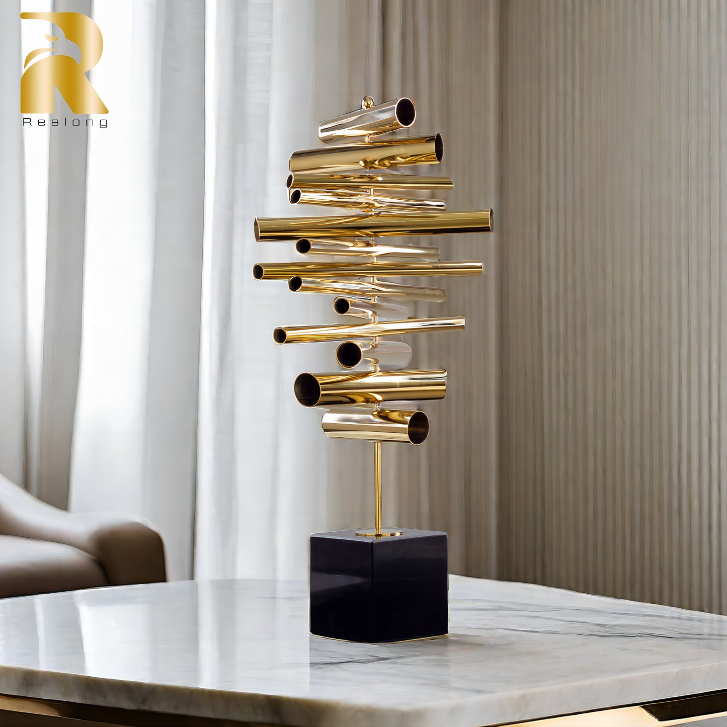55cm Abstract Metal Sculpture Modern Art Stainless Steel Metal Statue With Marble Base For Home Hotel Decor Ornament Crafts Gift