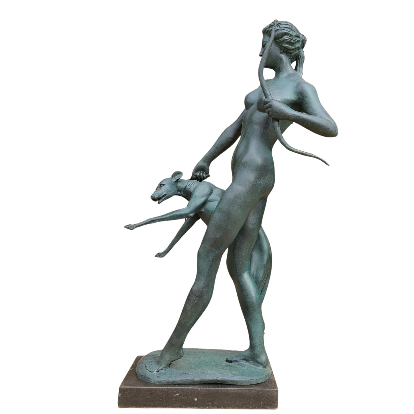R REALONG Large Bronze Artemis Huntress Statue – 31.5'' Green Patina Greek Goddess with Hound – Handcrafted Mythical Sculpture on Marble Base for Lobby, Hotel, Art Gallery, Home Display