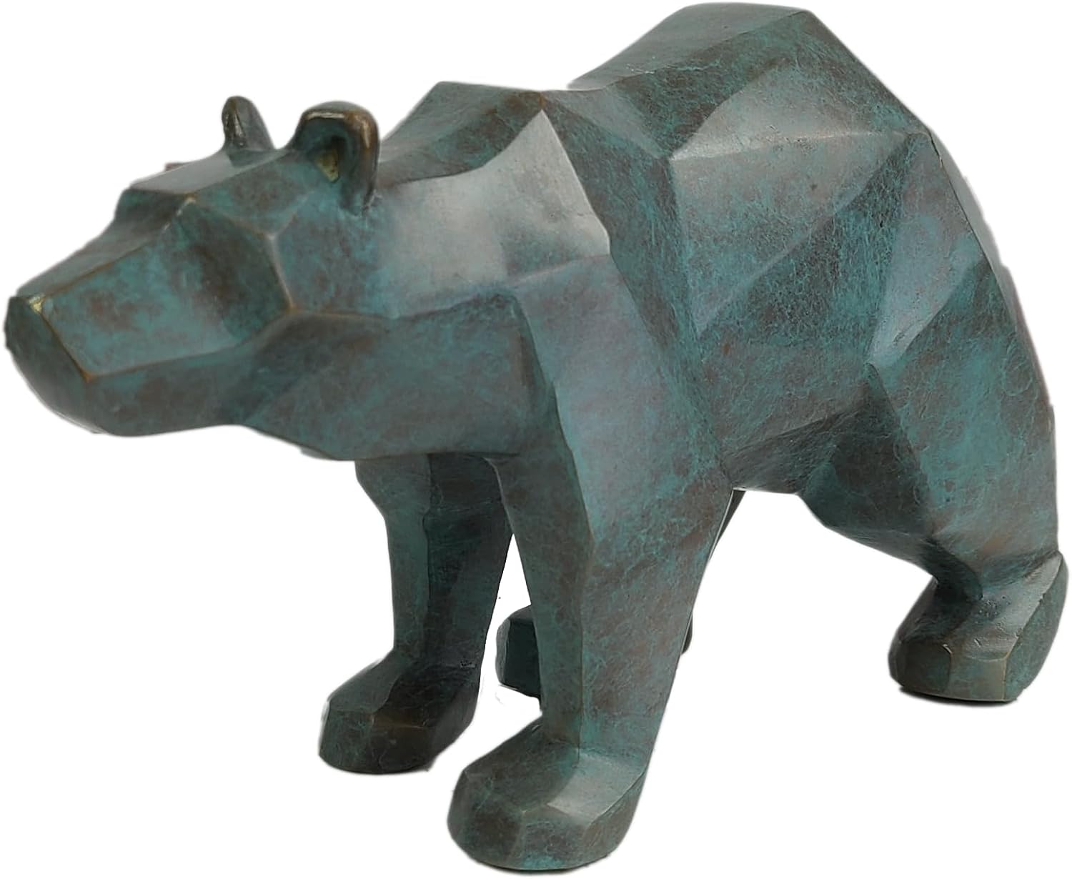 Modern Geometric Bronze Bear Sculpture - Abstract Wildlife Figurine in Sky Blue & Copper-Green, Contemporary Art for Home & Office