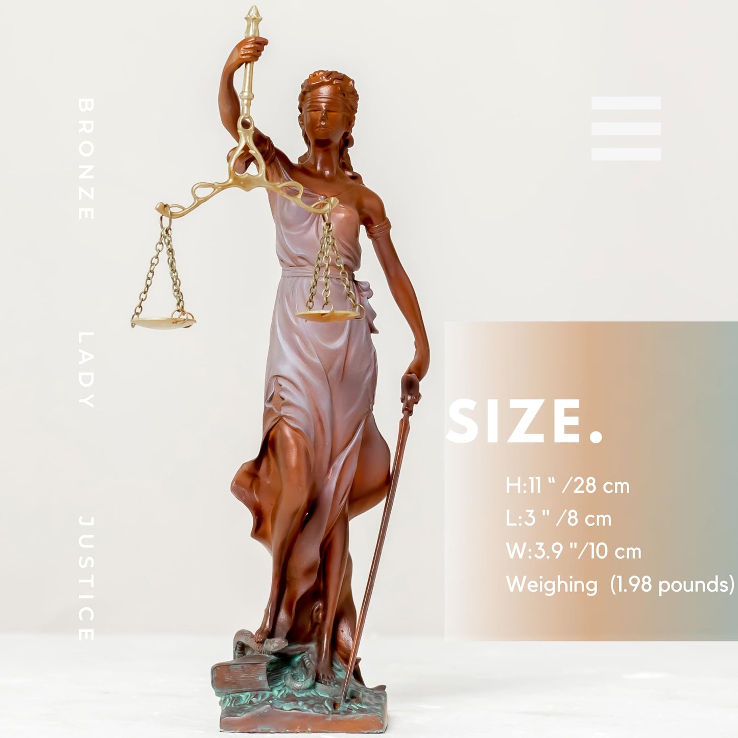 R REALONG Bronze Blind Themis Justice Statue,11" Lady Justice Bronze Sculpture Law Figure Justice Statue Office Desk Barrister Gift. (Colorful White)