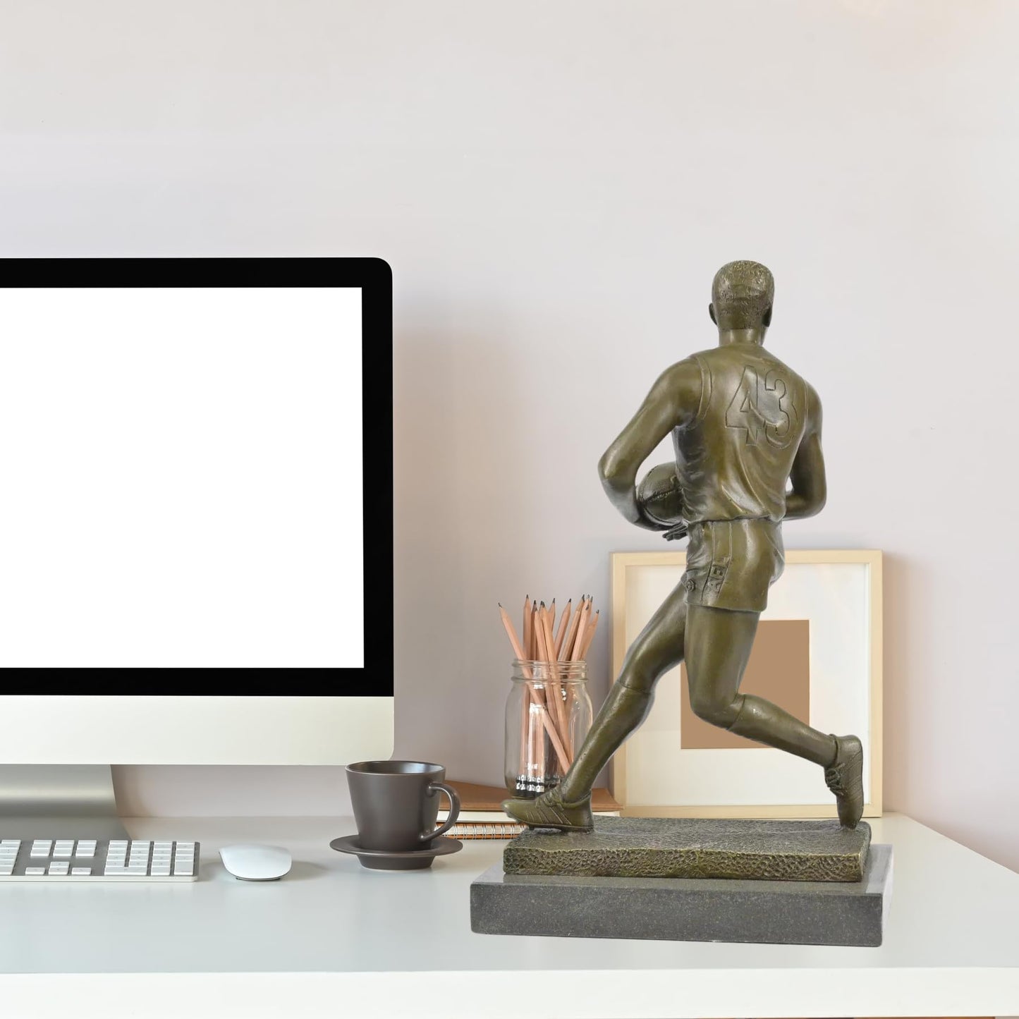 Bronze Rugby Player Sculpture with 43 Jersey – 14.6" Realistic Sports Figurine Statue for Home Décor, Art Collectors, and Gifts