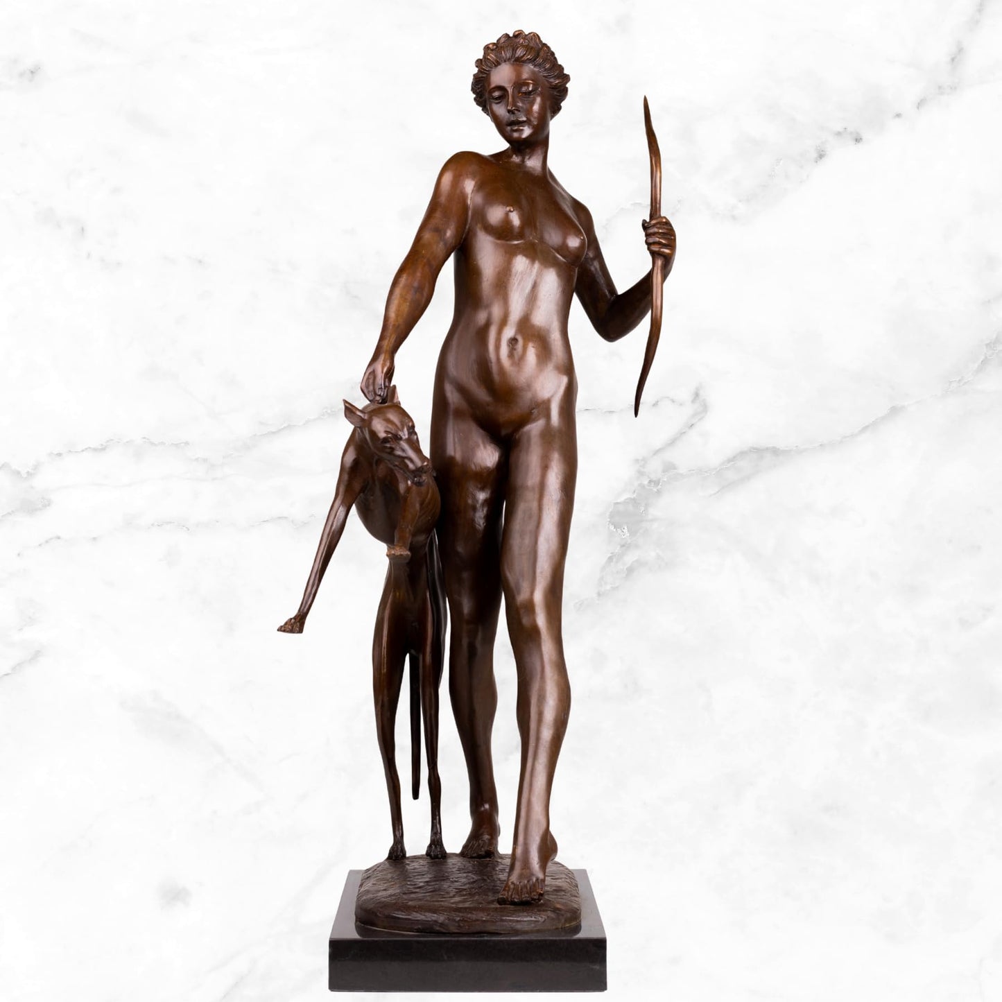 R REALONG Life-Size Diana The Huntress Bronze Sculpture – 31.5'' Roman Goddess Statue with Dog – Lost-Wax Handmade Brown Patina Art for Estate Foyer, Boutique Hotel, Collector Gallery