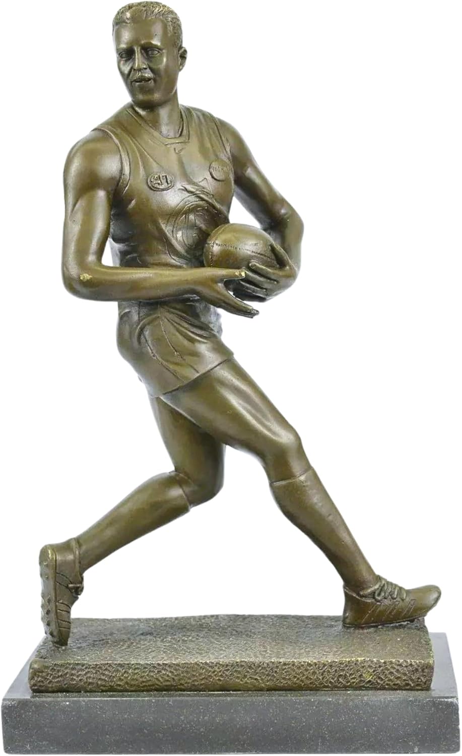 Solid Bronze Rugby Player Statue - 14.6" Athletic Male Athlete Sculpture with #43 Jersey - 11lbs Heavyweight Sports Figurine - Handcrafted Trophy for Rugby Fans & Collectors - Professional Home Office Decor