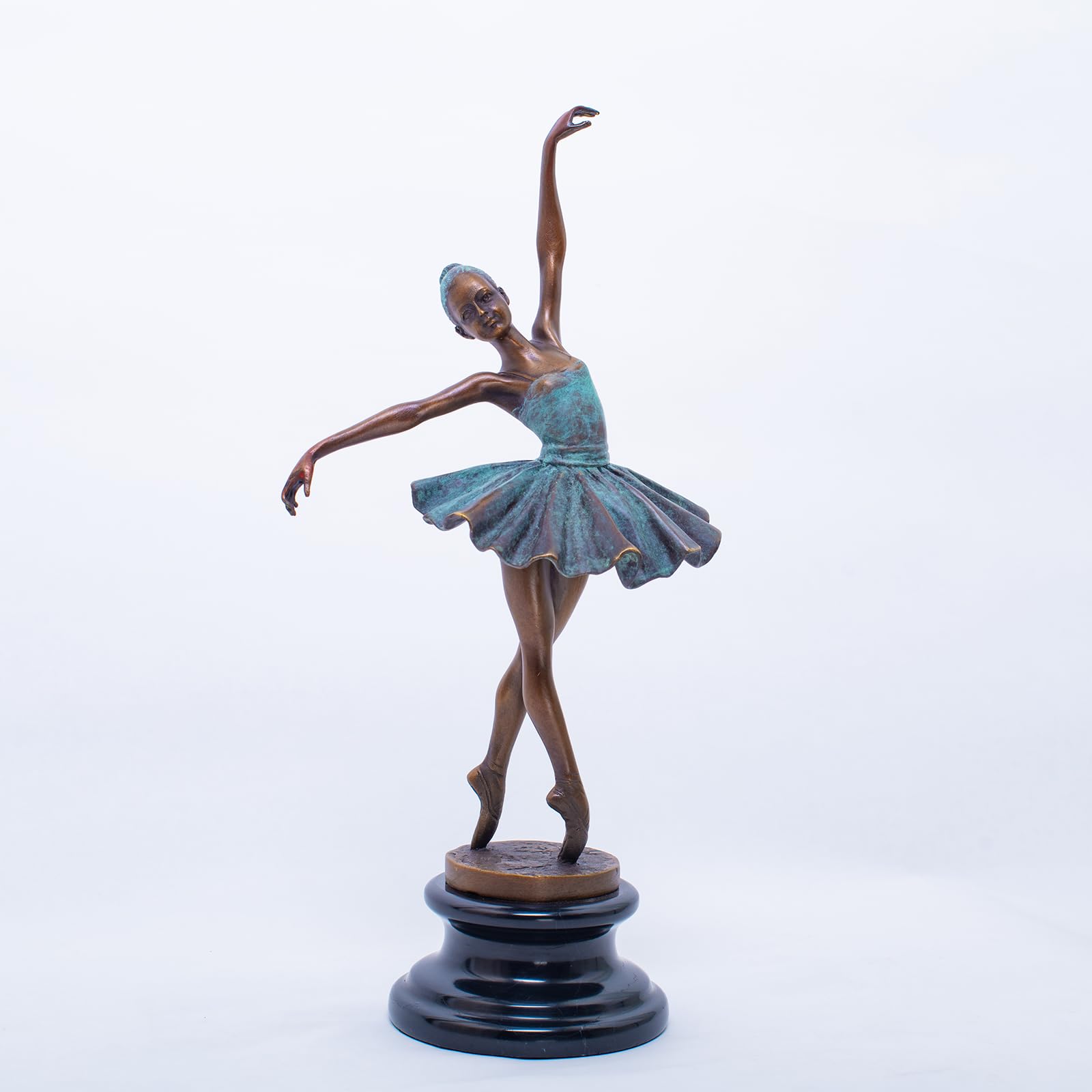Bronze Ballet Dancer Sculpture Collection – 4 Styles Handcrafted Ballerina Figurines with Black Marble Base, Blue-Green Patina Skirts for Home, Office & Collectible Art