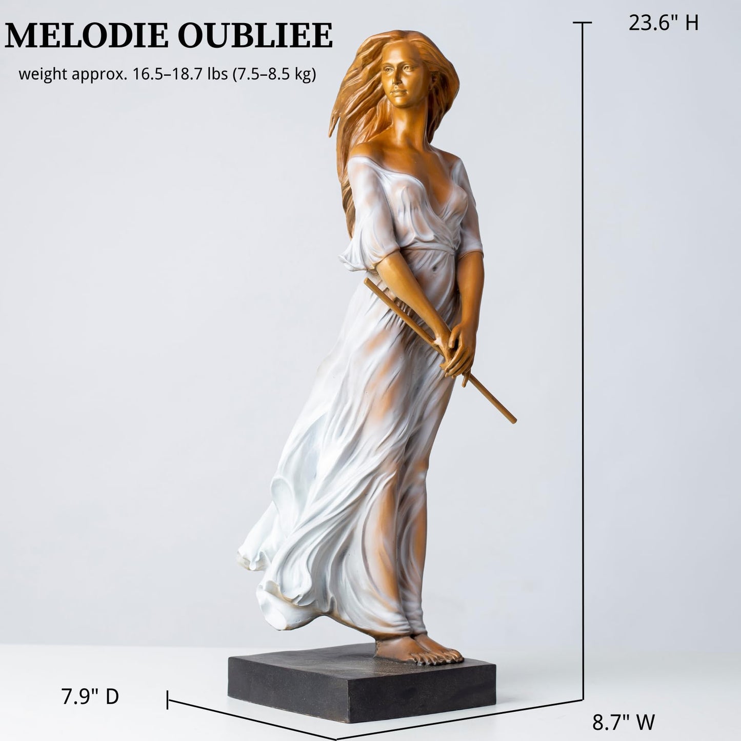 MELODIE OUBLIEE Bronze Woman Sculpture – 23.6" Tall Luo Li Rong-Inspired Art – Solid Bronze Figurine with Flowing Sheer Dress – Elegant Female Statue for Home Gallery Decor