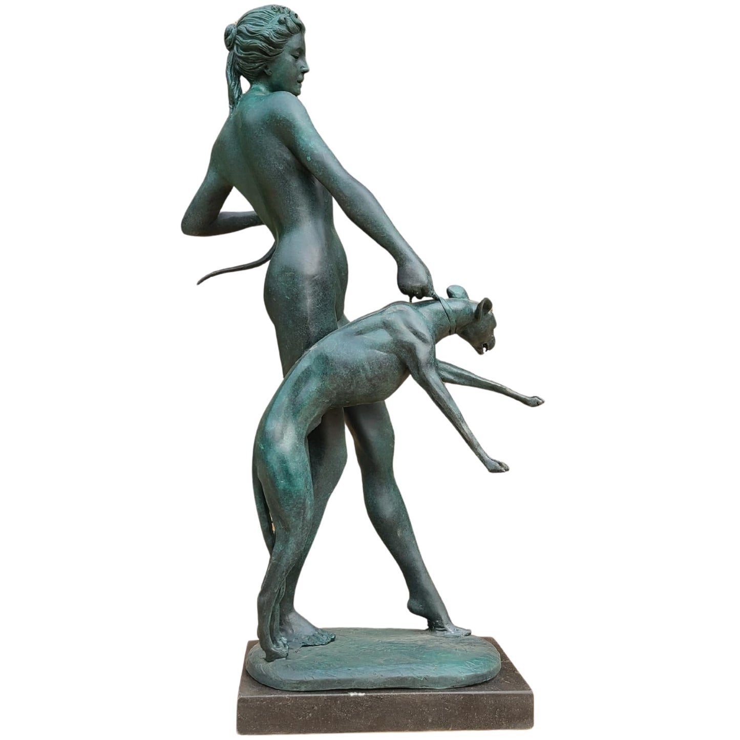 R REALONG Large Bronze Artemis Huntress Statue – 31.5'' Green Patina Greek Goddess with Hound – Handcrafted Mythical Sculpture on Marble Base for Lobby, Hotel, Art Gallery, Home Display