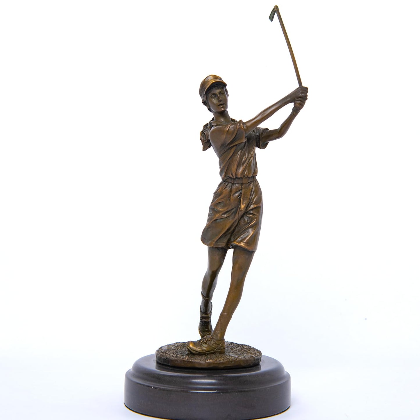 R REALONG 9.8" Bronze Golfer Girl Statue, Golf Figurines Bronze Statues and Sculptures Handmade Art Collectible for Home Office Decor