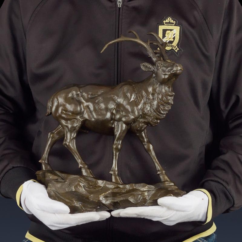 Bronze Deer Sculpture - Majestic Stag with Antlers, 13.8" Brasss Elk&Moose Realistic Design for Home Décor, Art Collections, and Luxury Gifts