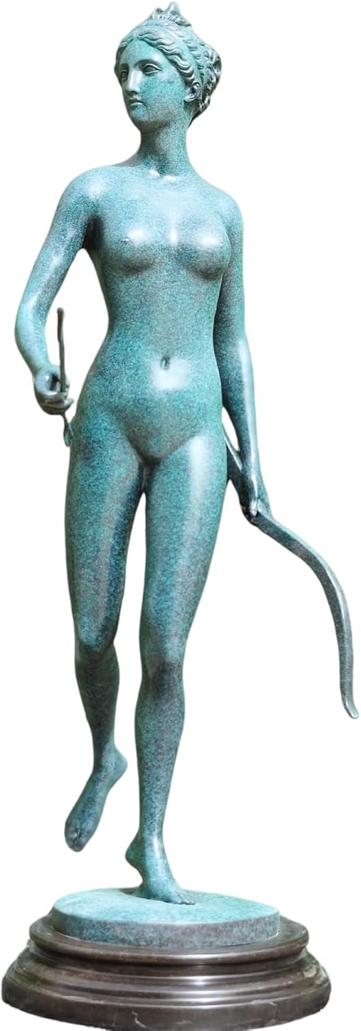 Azure Huntress: Large 29" Bronze Artemis Statue - Greek Goddess of the Hunt Sculpture on Marble Base, Museum-Grade Mythological Decor for Luxury Interiors