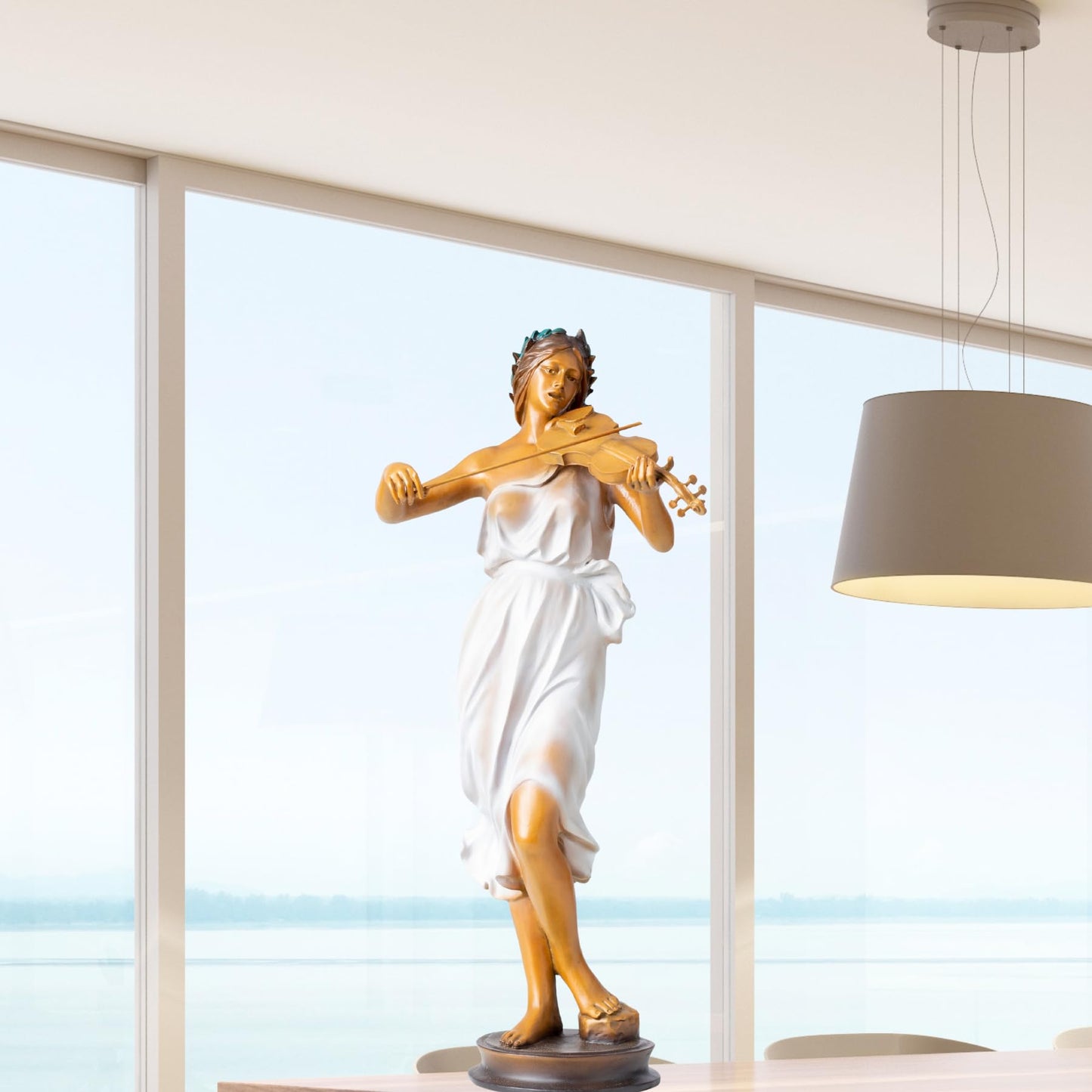 Luo Li-Rong Style Bronze Violinist Sculpture – 23.2″ Tall Elegant Lady Playing Violin in Flowing Dress, Solid Lost-Wax Bronze Statue for Home, Garden, or Art Gift