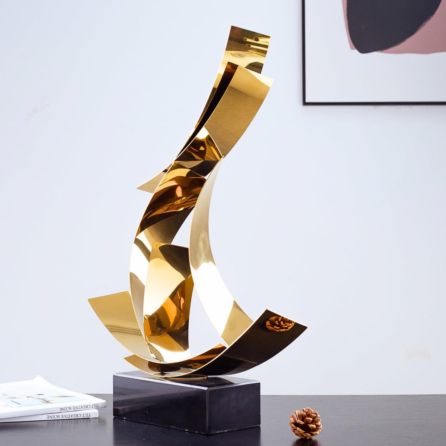 Realong Modern Style Abstract Metal Statue,21.6'' Stainless Steel Art Sculpture Ornament wiith Marble Base Perfect Decoration for Home Hallway Hotel Office and Gift