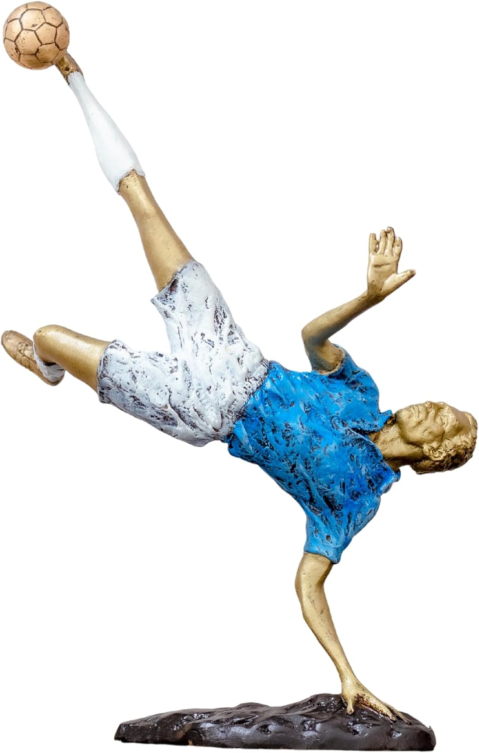 Bronze & Azure Soccer Player Statue - 12" Bicycle Kick Football Sculpture - Overhead Kick Athlete Figurine - Professional Sports Trophy & Home Decor - 2.9lbs Handcrafted Soccer Gift