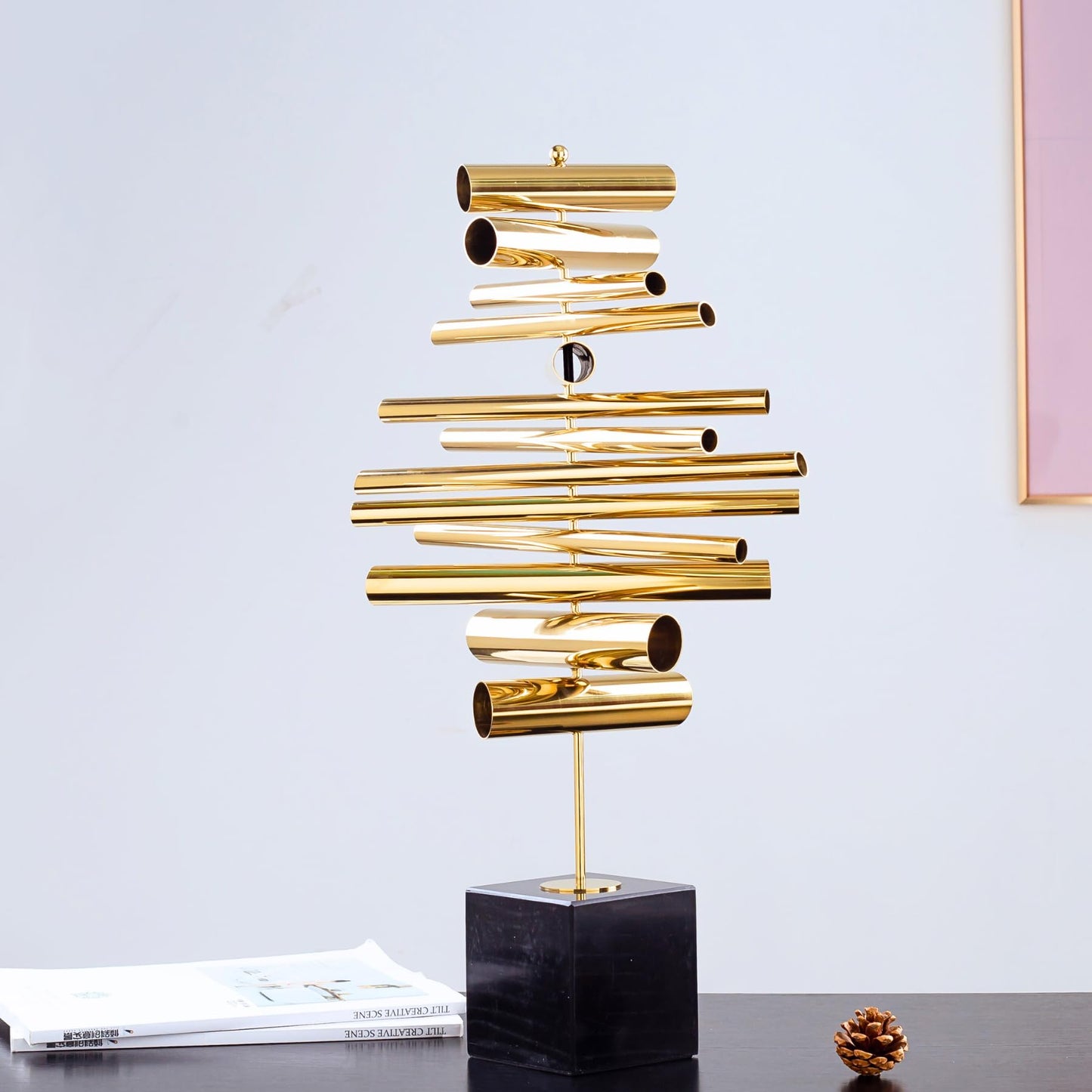 Modernism Creative Geometric Light Luxury Art Metal Ornament, 21.6'' Golden Stainless Steel Statue with Marble Base, Suitable for Home Hotel Office Decoration, Collection, Gift