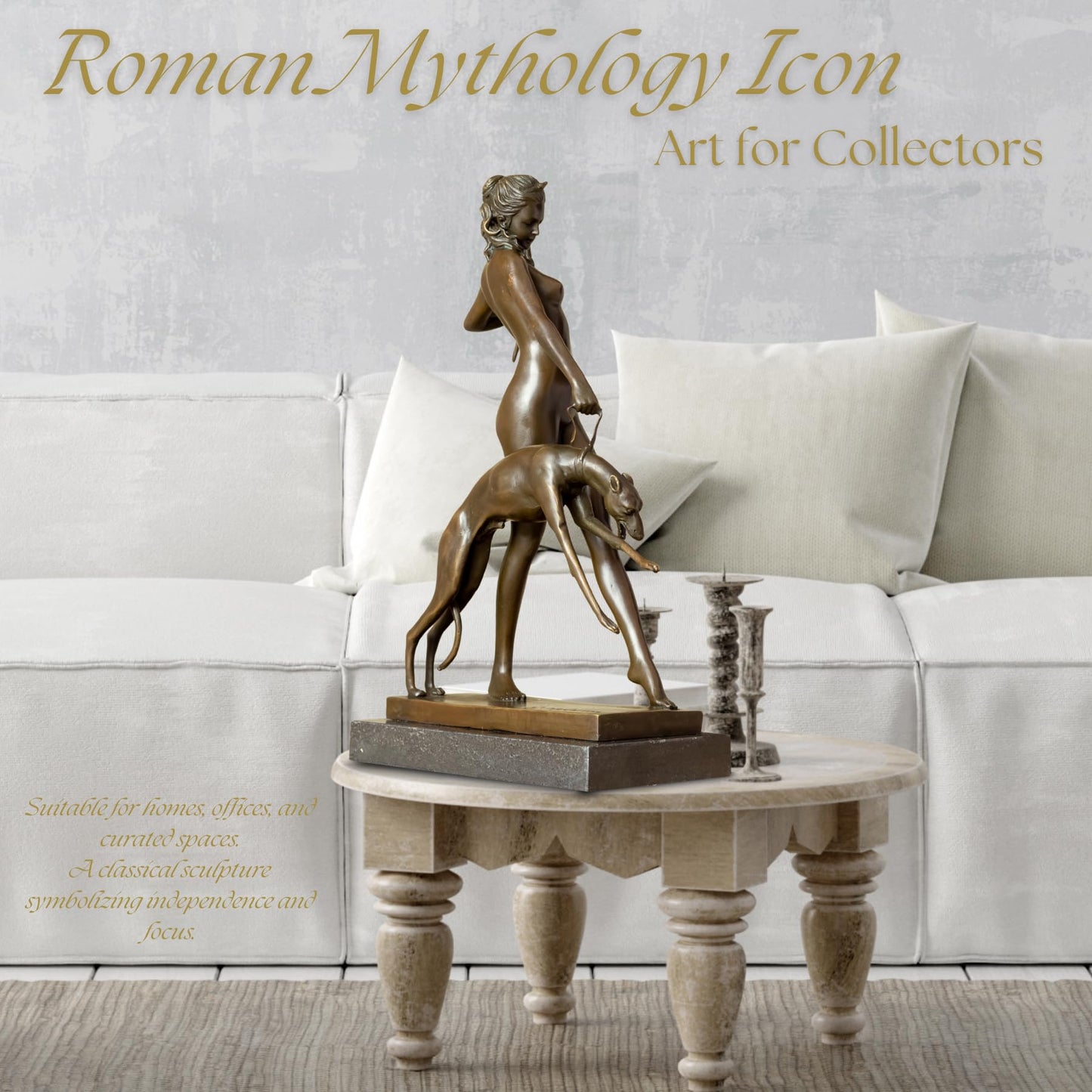 R REALONG Bronze Diana The Huntress Sculpture – 12.6'' Roman Goddess Statue with Hound on Marble Base – Handmade Lost-Wax Cast Figurine for Mythology Art, Home Office Decor, Collector Gift