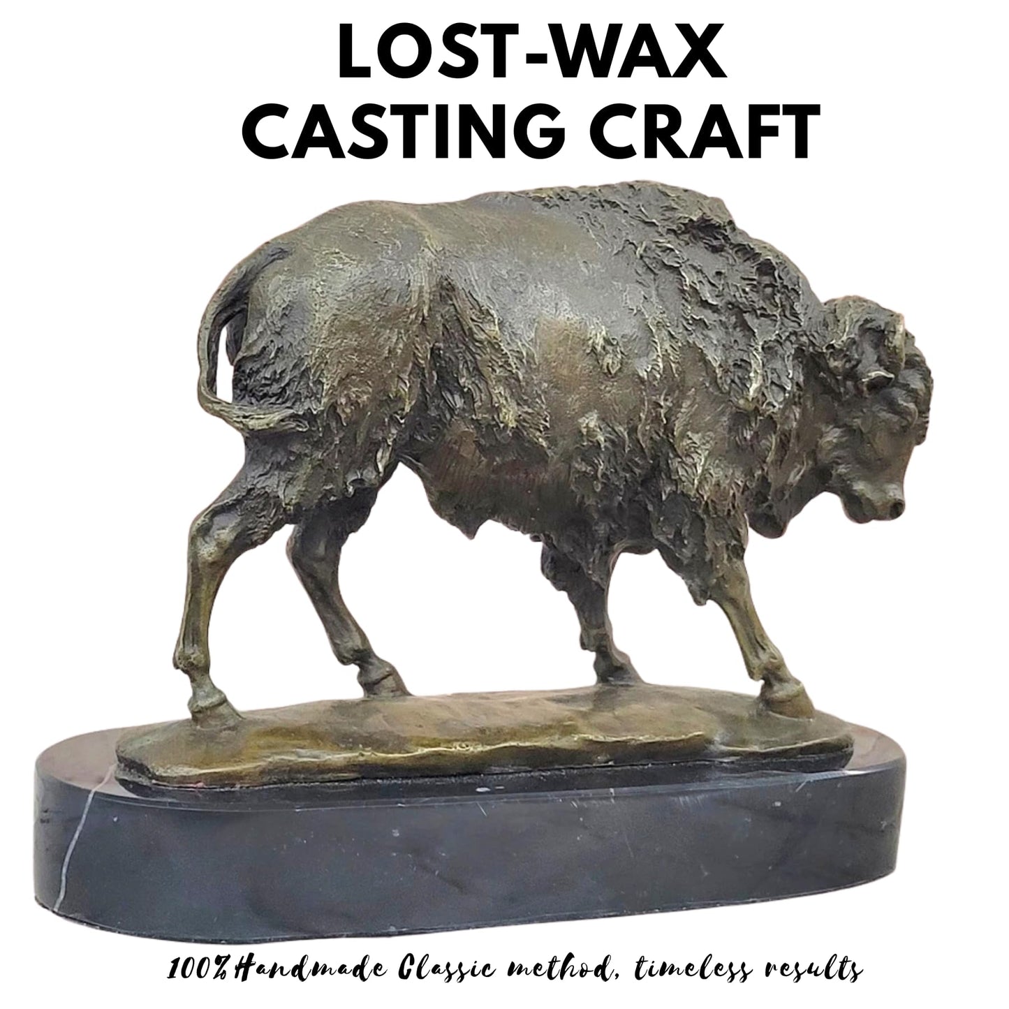 Bronze Bison Sculpture Signed by Barye – 9.8'' Lost-Wax Cast Buffalo Statue on Marble Base – Handmade Wildlife Art Figurine for Western Decor, Office, Collector Gift
