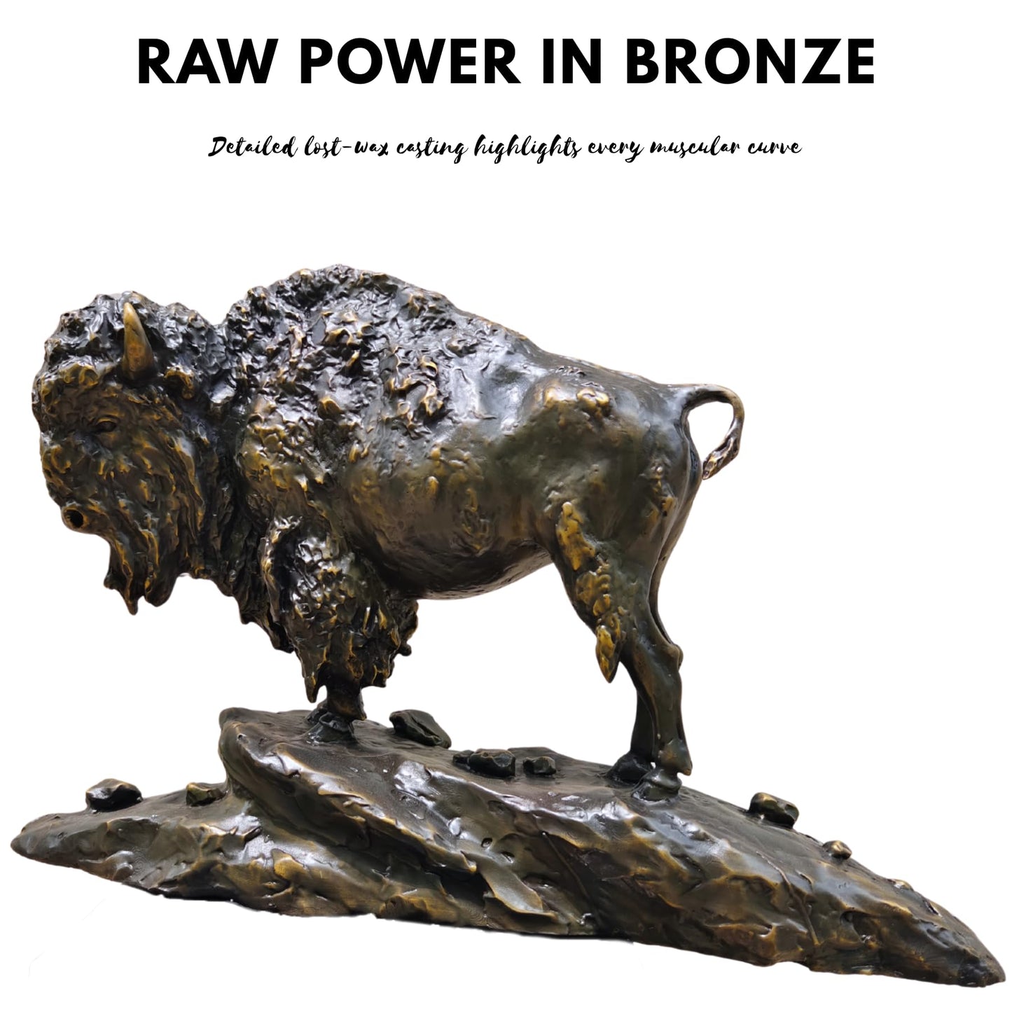 Large Bronze Bison on Rocky Base – 24.8'' American Buffalo Statue, Pure Hand-Cast Lost-Wax Bronze Wildlife Sculpture for Lodge, Gallery, or Western Decor