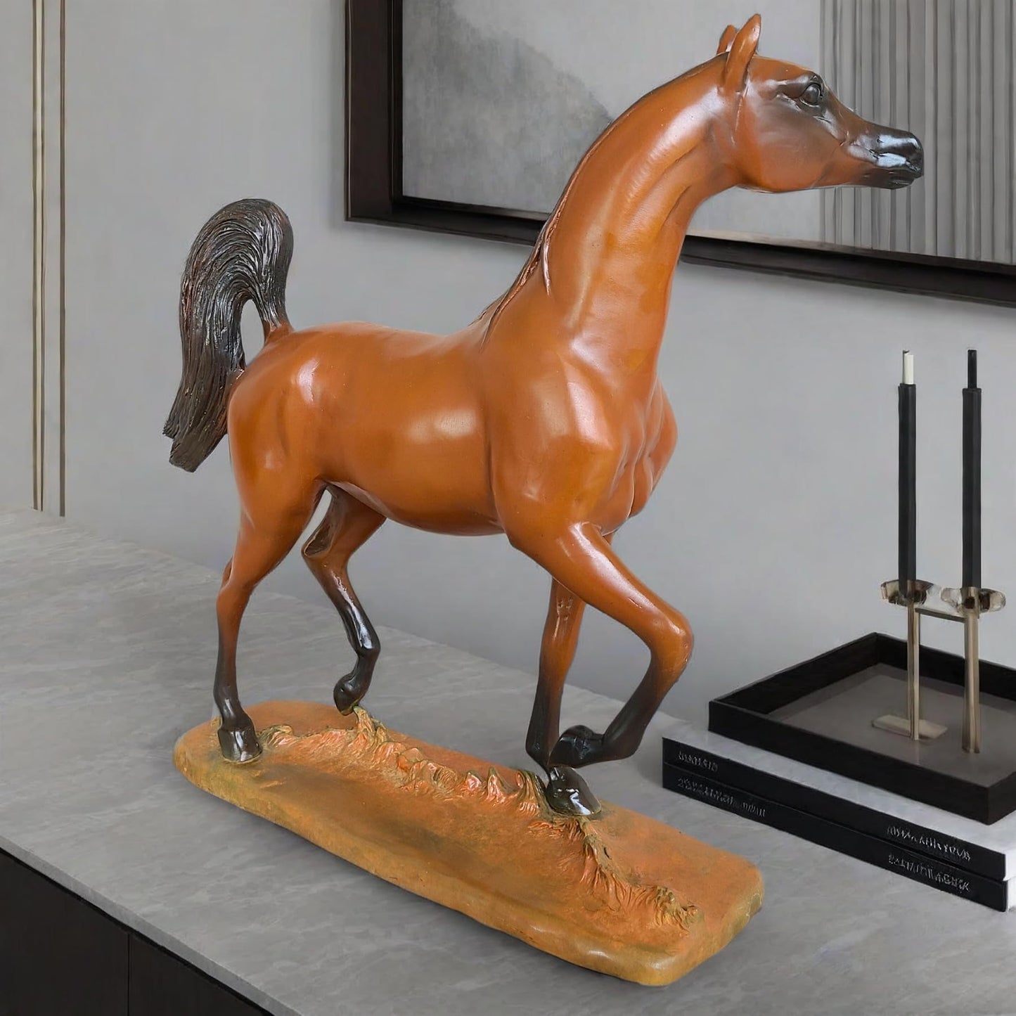 Bronze Arabian Horse Sculpture - H:14.6" Yellow-Brown Patina Handcrafted Horse Statue with Custom Signature Option, Elegant Equine Art for Home and Office Décor