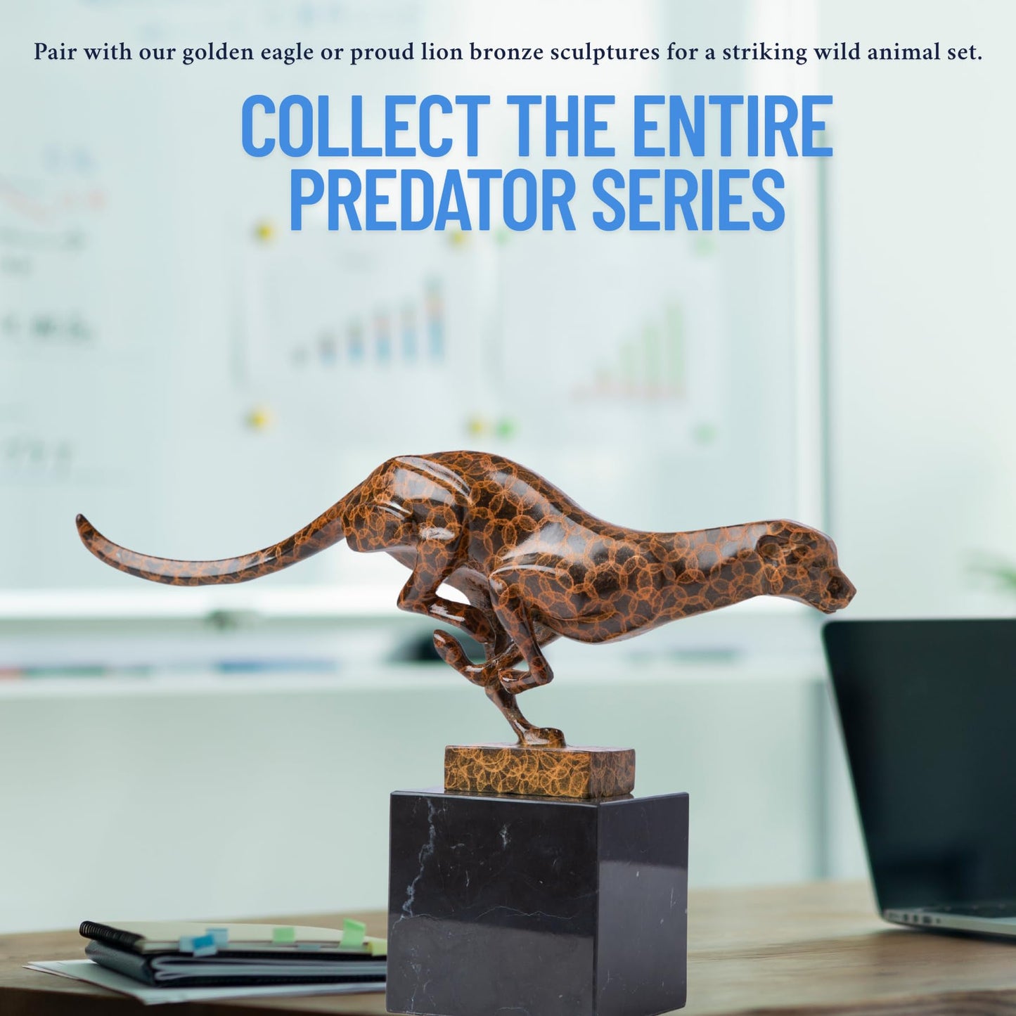 Bronze Cheetah Panther Leopard Statue – 12.6" Running Big Cat Sculpture, Handmade Lost-Wax Cast Animal Figurine for Collectors, Office & Home Decor, Elegant Wildlife Gift