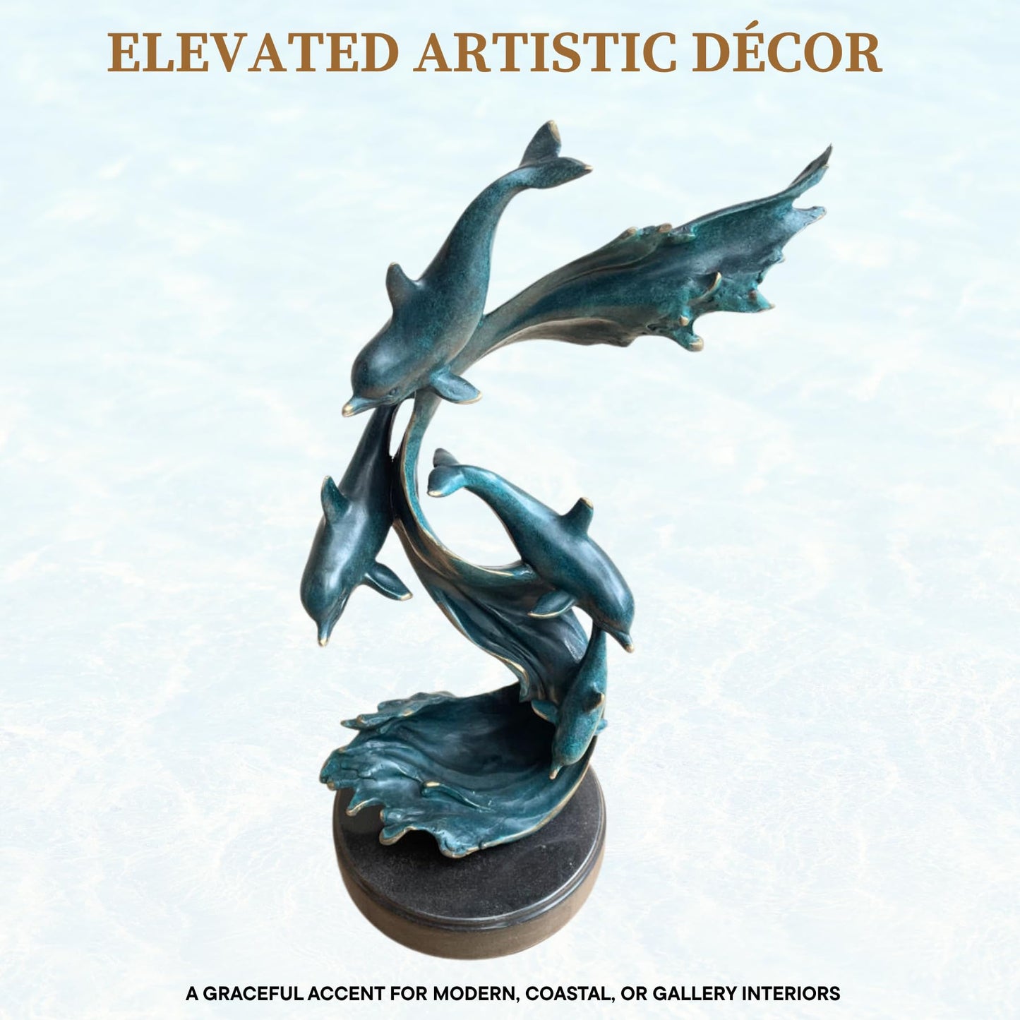 Bronze Dolphin Sculpture –18.5" Tall Handcrafted Solid Bronze Dolphin Décor Art Sculpture with Verdigris Patina | Ocean Wildlife Statue | Artistic Home Décor & Collectible Figurine