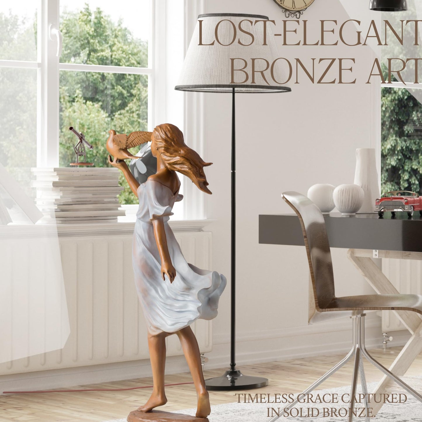 Bronze Girl with Dove Statue – 23.6" Tall Peace-Themed Sculpture – Luo Li Rong Inspired Elegant Young Lady in Flowing Dress – Solid Bronze Art Decor for Home, Garden, or Gift
