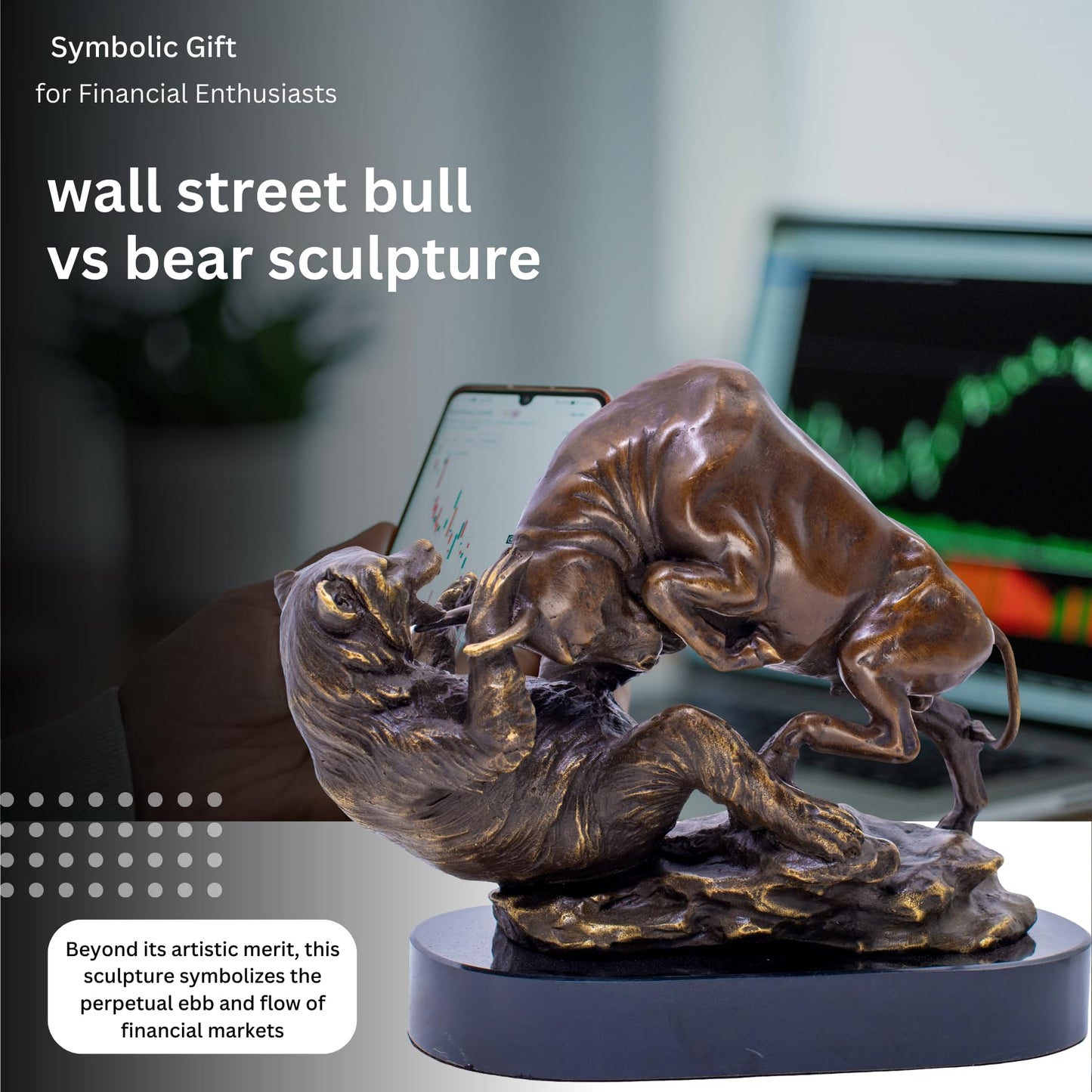 Bronze Wall Street Bull and Bear Statue and Sculpture,Financial Market Battle Statue Brass Charging Bull Gift for Home&Office Decor with Natural Marble Base.
