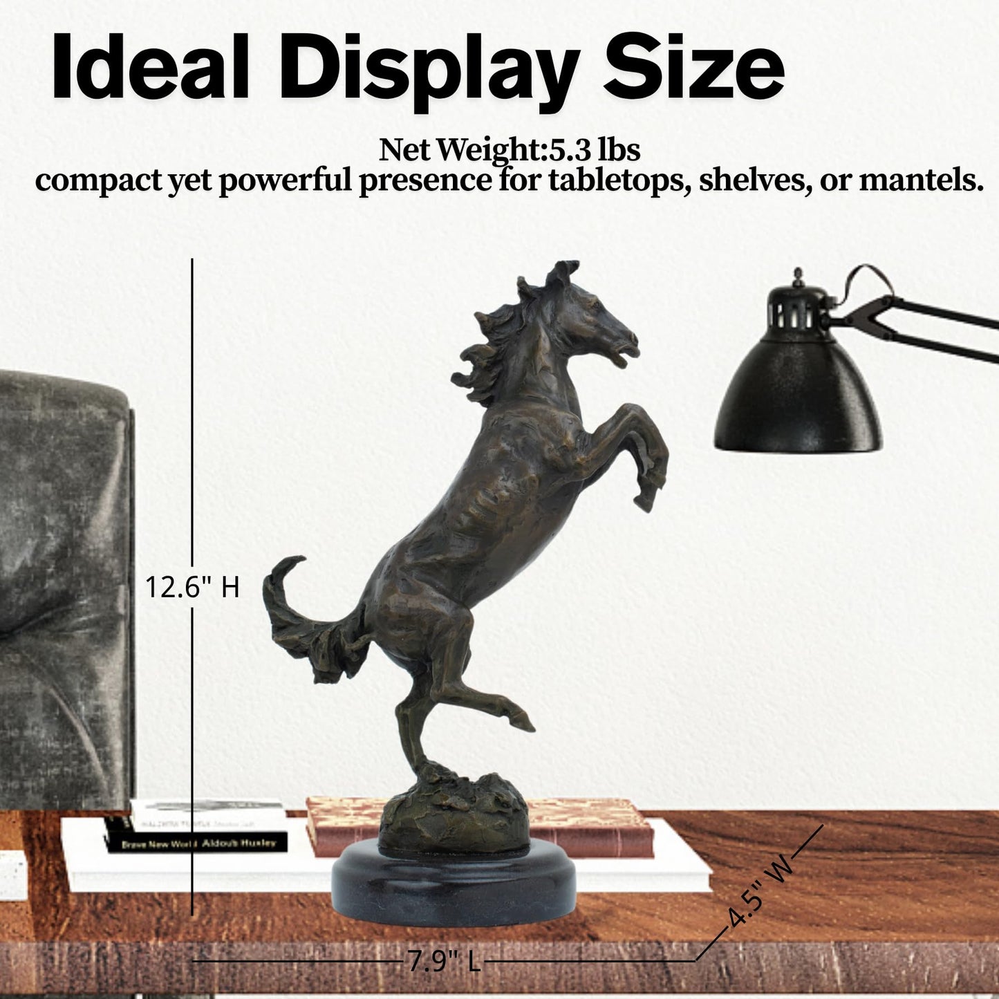 Bronze Rearing Horse Sculpture – 12.6" Handmade Solid Bronze Stallion Statue with Natural Marble Base – Lost-Wax Cast Equestrian Decor & Gift for Home, Office, or Art Collectors