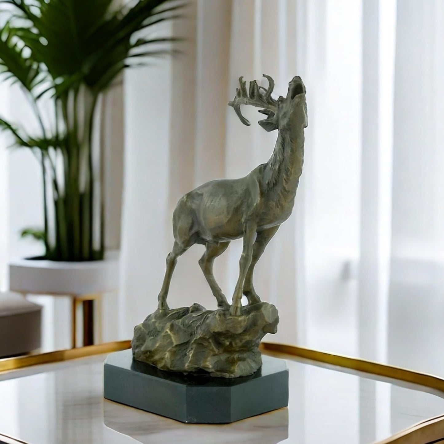 Bronze Deer Sculpture - Majestic Stag with Antlers, 14.2" Brasss Elk&Moose Realistic Design for Home Décor, Art Collections, and Luxury Gifts