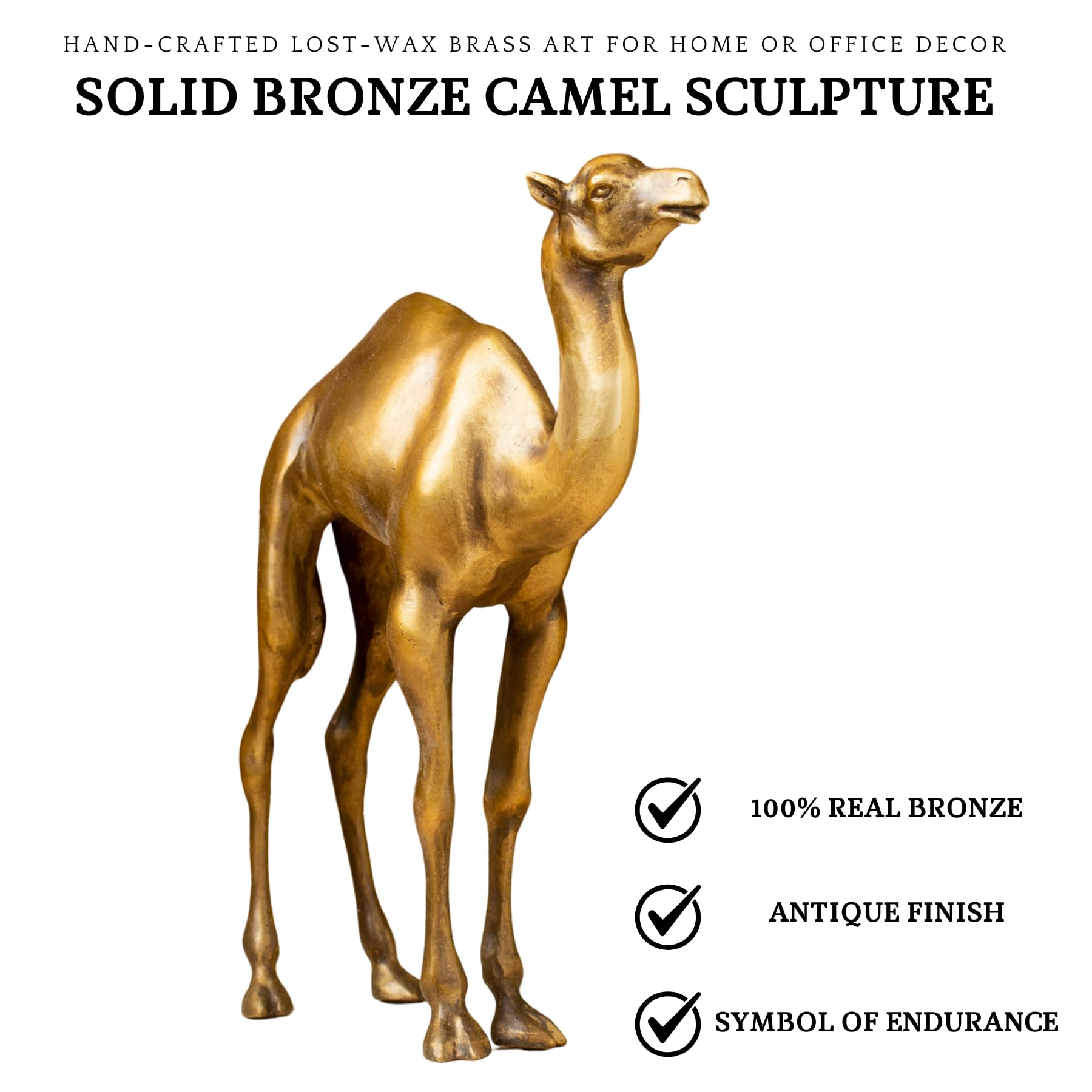 Bronze Camel Sculpture, Solid Brass Desert Animal Statue Art Collectible, Hand-Crafted Lost-Wax Camel Figurine for Gift Home or Office Decor