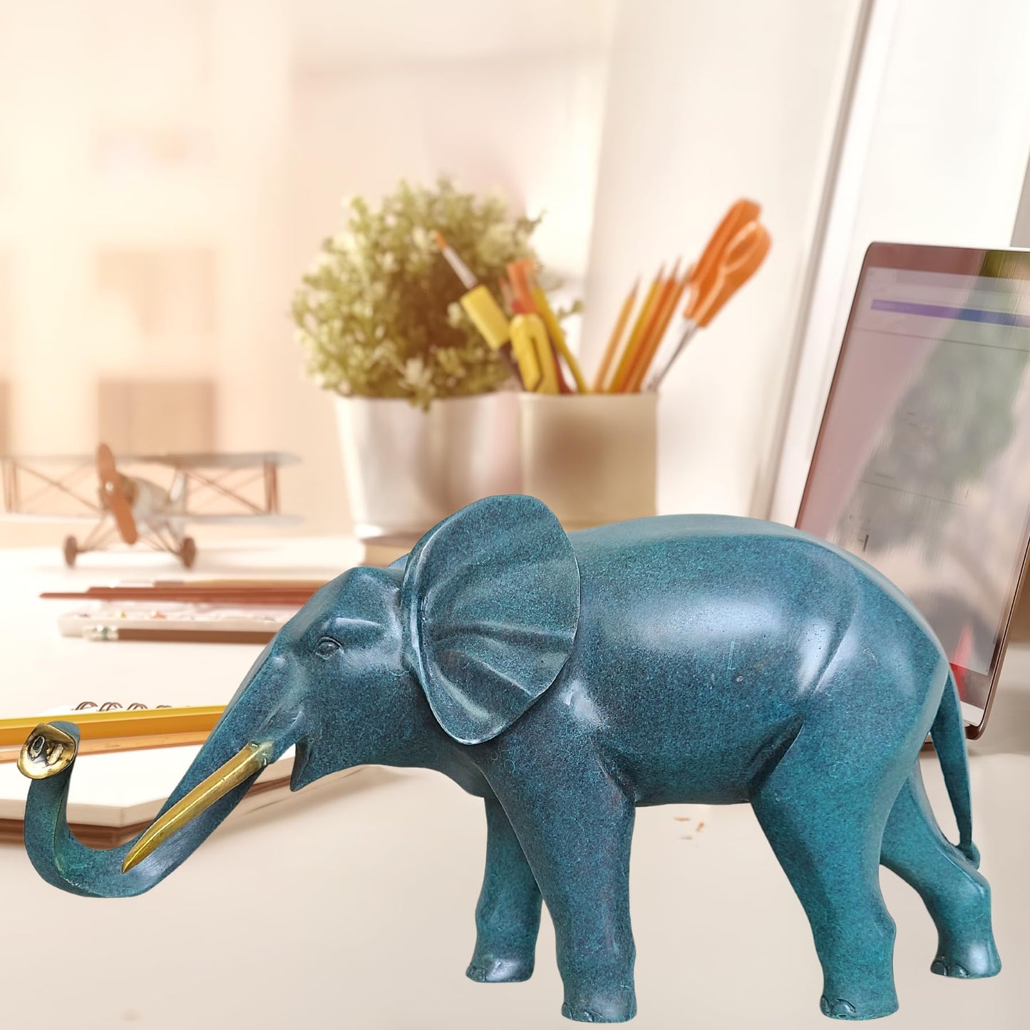 Blue Bronze Elephant Figurine, Pure Brass Wildlife Statues and Sculptures Collectible Decorations, Symbols of Wealth and Luck Gifts
