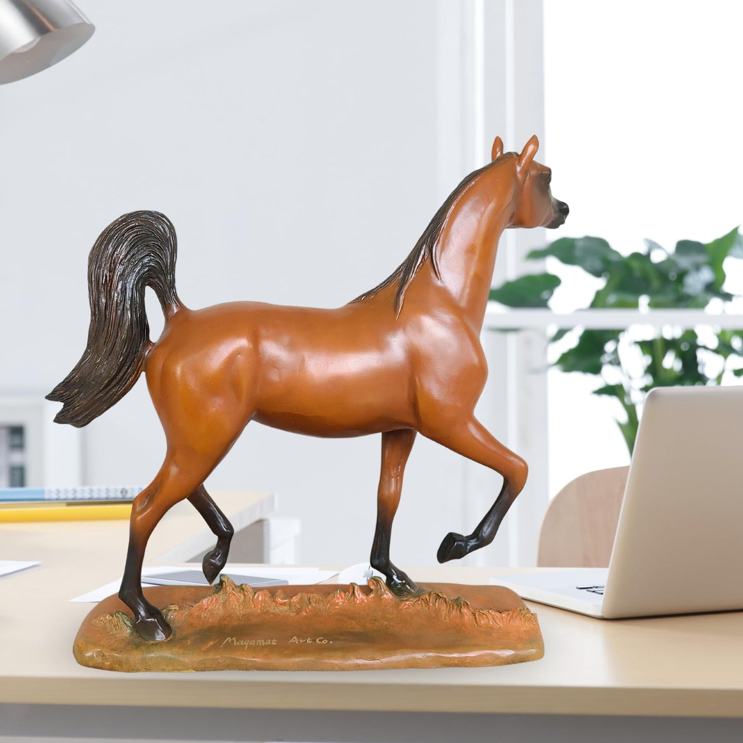 Bronze Arabian Horse Sculpture - H:14.6" Yellow-Brown Patina Handcrafted Horse Statue with Custom Signature Option, Elegant Equine Art for Home and Office Décor