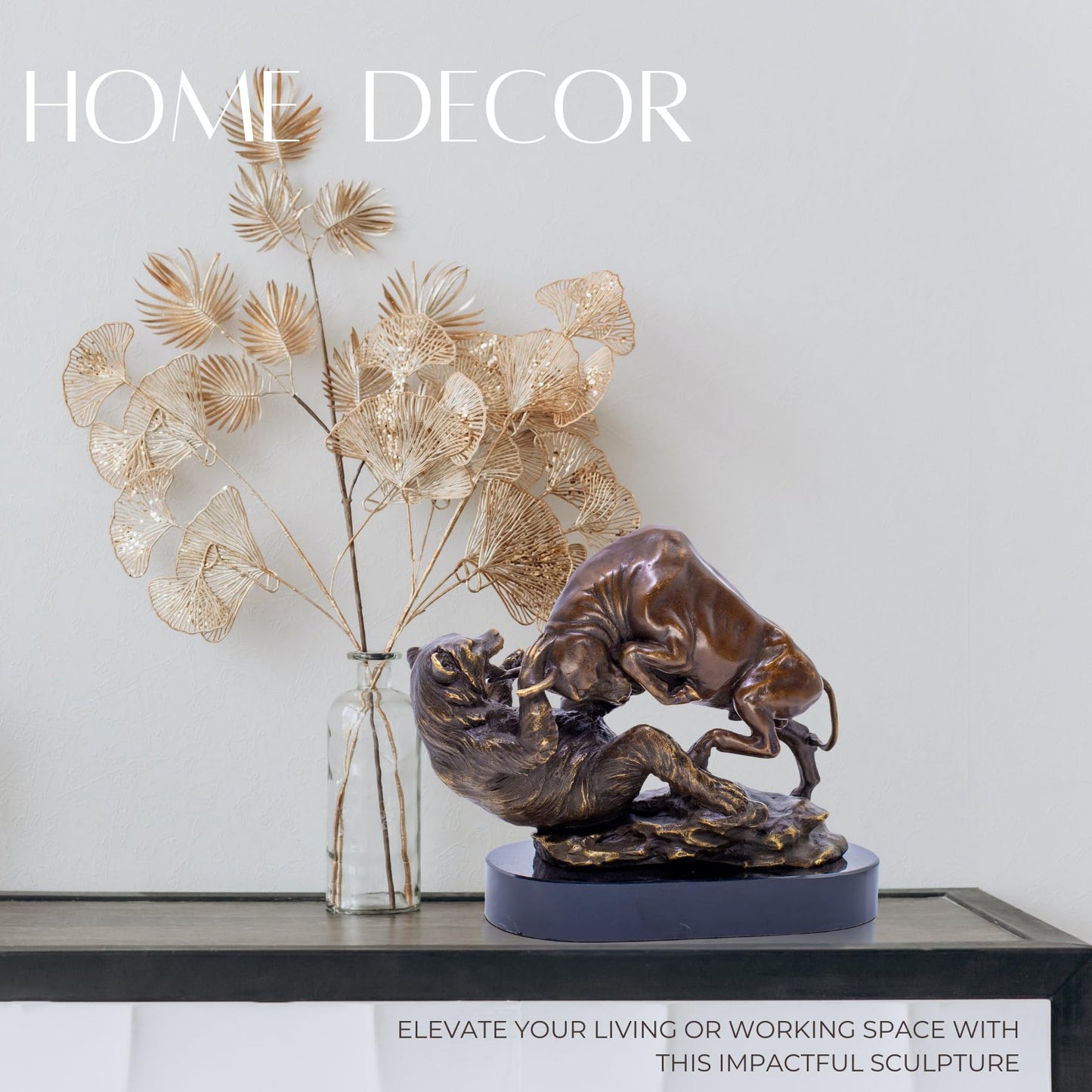 Bronze Wall Street Bull and Bear Statue and Sculpture,Financial Market Battle Statue Brass Charging Bull Gift for Home&Office Decor with Natural Marble Base.