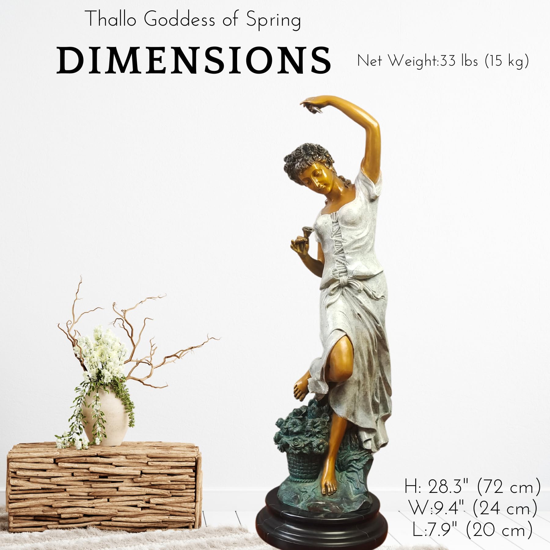 Goddess Flora "Spring Awakening" Bronze Statue - 28" Polychrome Mythological Sculpture with Rose Accents - Luxury Hot-Cast Bronze Figure on Black Marble Base - Fine Art Decor for High-End Interiors