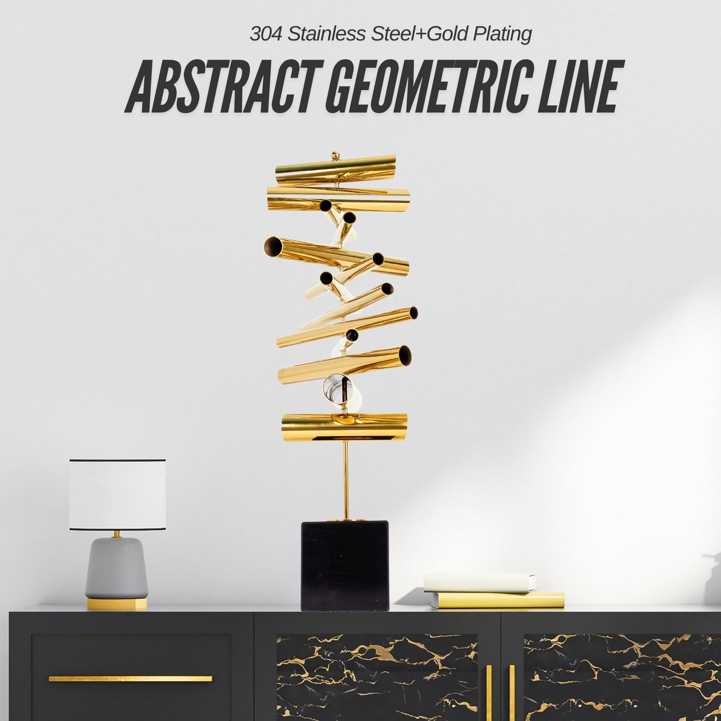 Modernism Creative Geometric Light Luxury Art Metal Ornament, 21.6'' Golden Stainless Steel Statue with Marble Base, Suitable for Home Hotel Office Decoration, Collection, Gift