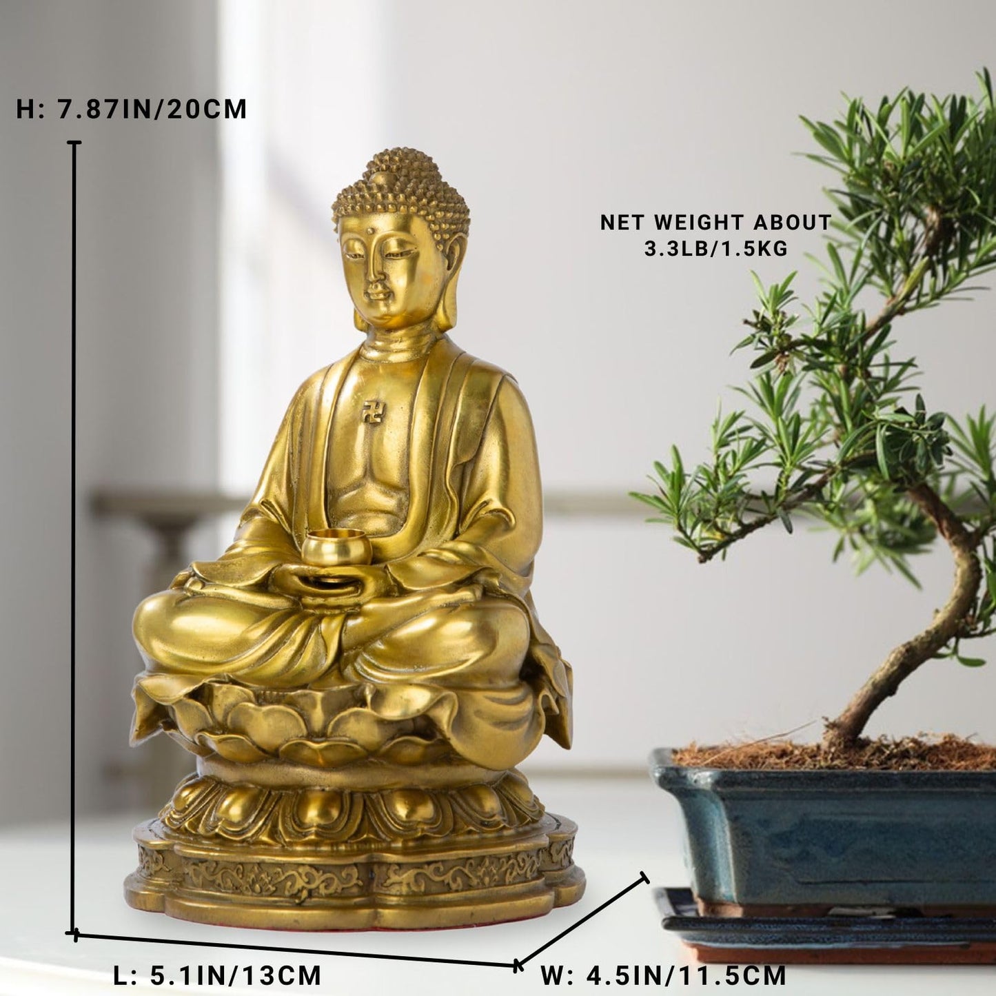 7.87" Buddha Statue for Home Decor, Brass Meditating Seated Buddha Statue, Buddah Statute Zen Decor, Indoor Buddha Gift for Relaxation, Meditation or Shrine