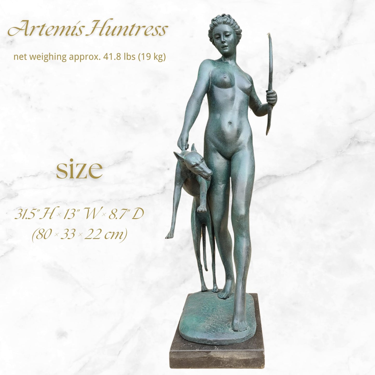 R REALONG Large Bronze Artemis Huntress Statue – 31.5'' Green Patina Greek Goddess with Hound – Handcrafted Mythical Sculpture on Marble Base for Lobby, Hotel, Art Gallery, Home Display