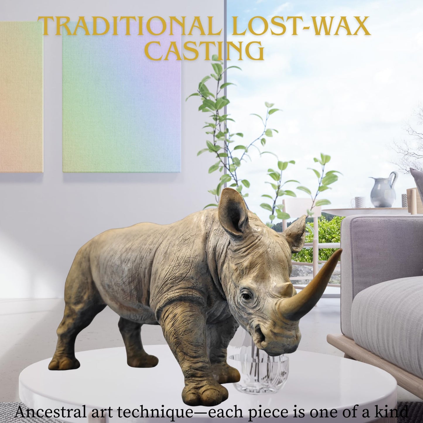 Bronze Rhinoceros Sculpture – 19.7" Realistic Handcrafted Rhino Statue, Solid Lost-Wax Cast Bronze Animal Figurine with Crate Packaging – Wildlife Art Décor for Office, Home, and Collectors