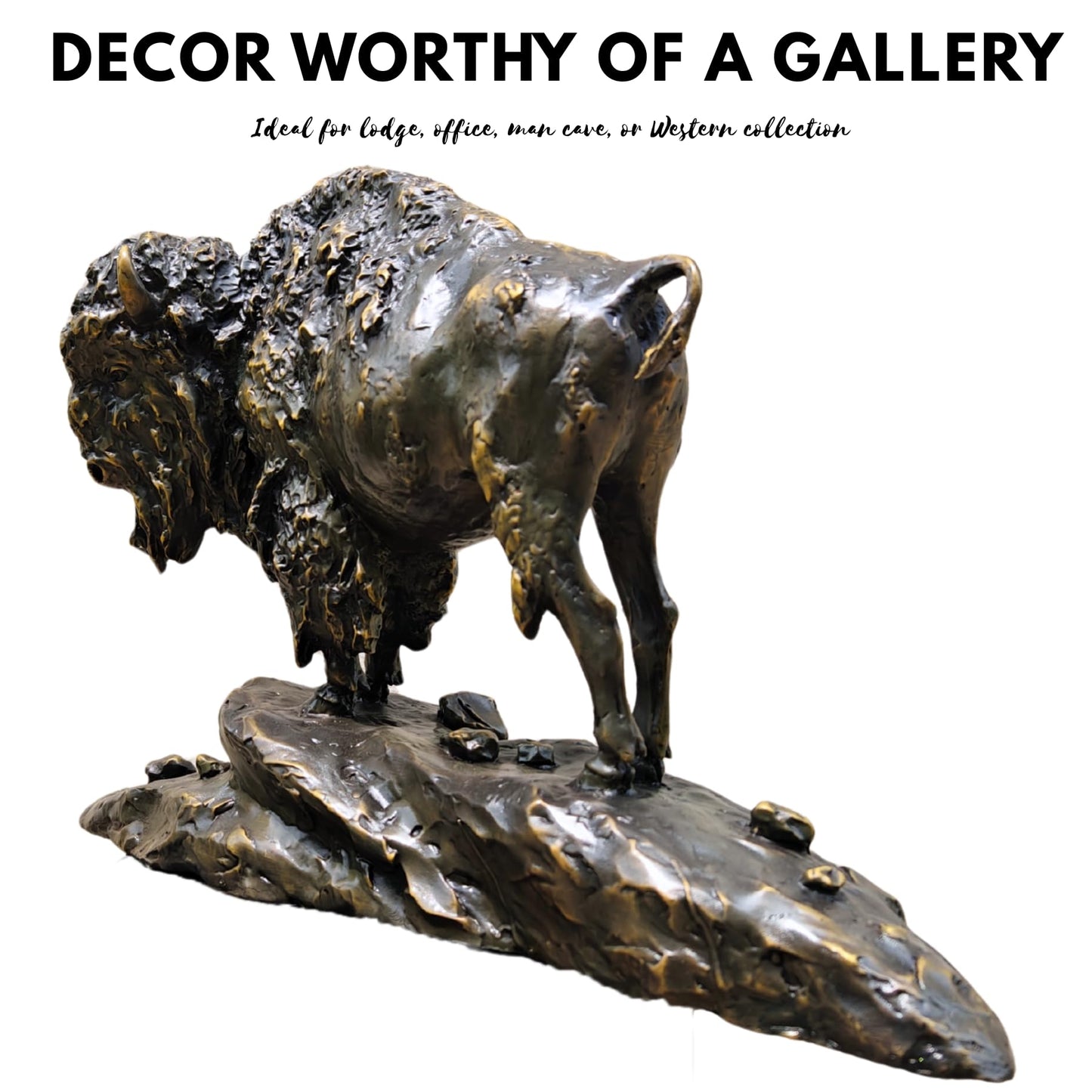 Large Bronze Bison on Rocky Base – 24.8'' American Buffalo Statue, Pure Hand-Cast Lost-Wax Bronze Wildlife Sculpture for Lodge, Gallery, or Western Decor