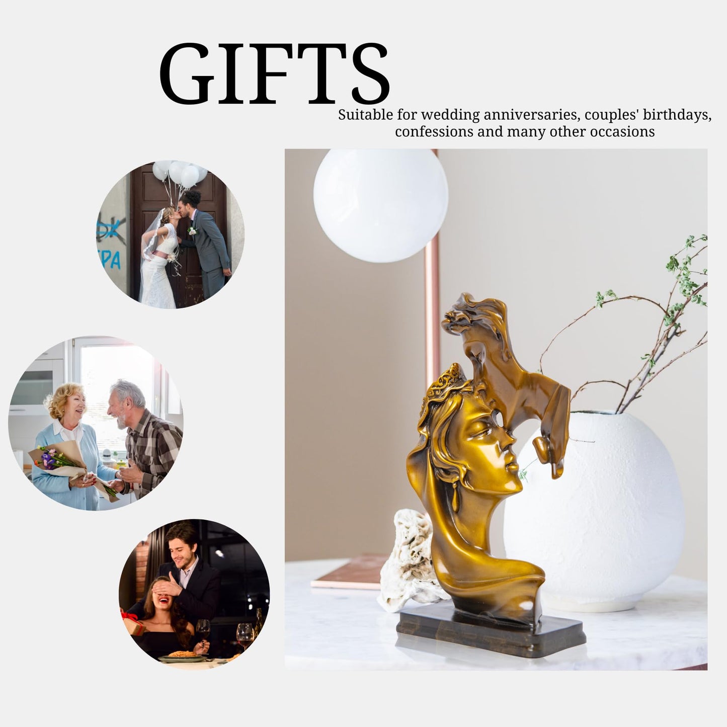 Bronze Love Kiss Statue,Solid Brass Golden Couple Art Mask Statue Passionate Kiss Sculpture,Abstract Modern Art Home/Office Decor and Gift Ideas (Gold)