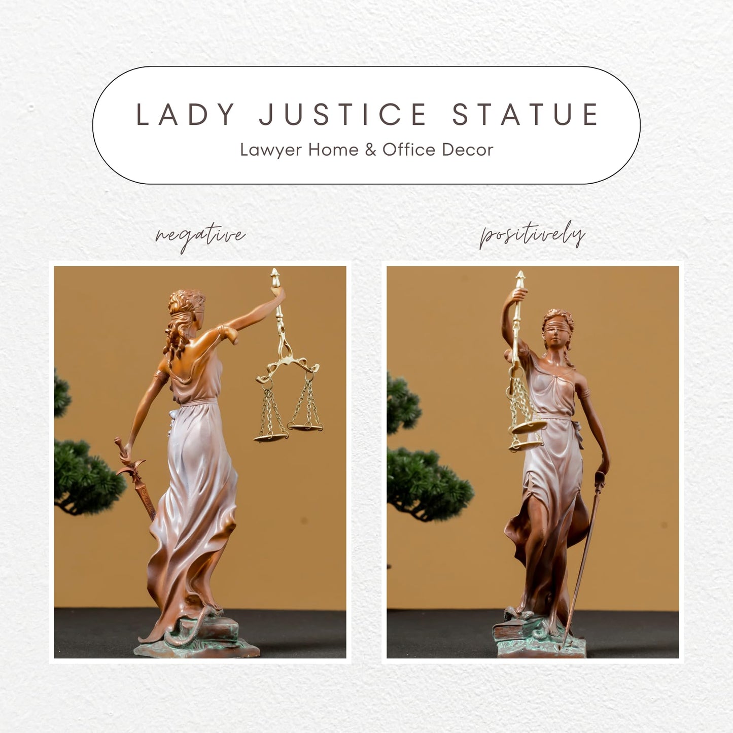 R REALONG Bronze Blind Themis Justice Statue,11" Lady Justice Bronze Sculpture Law Figure Justice Statue Office Desk Barrister Gift. (Colorful White)