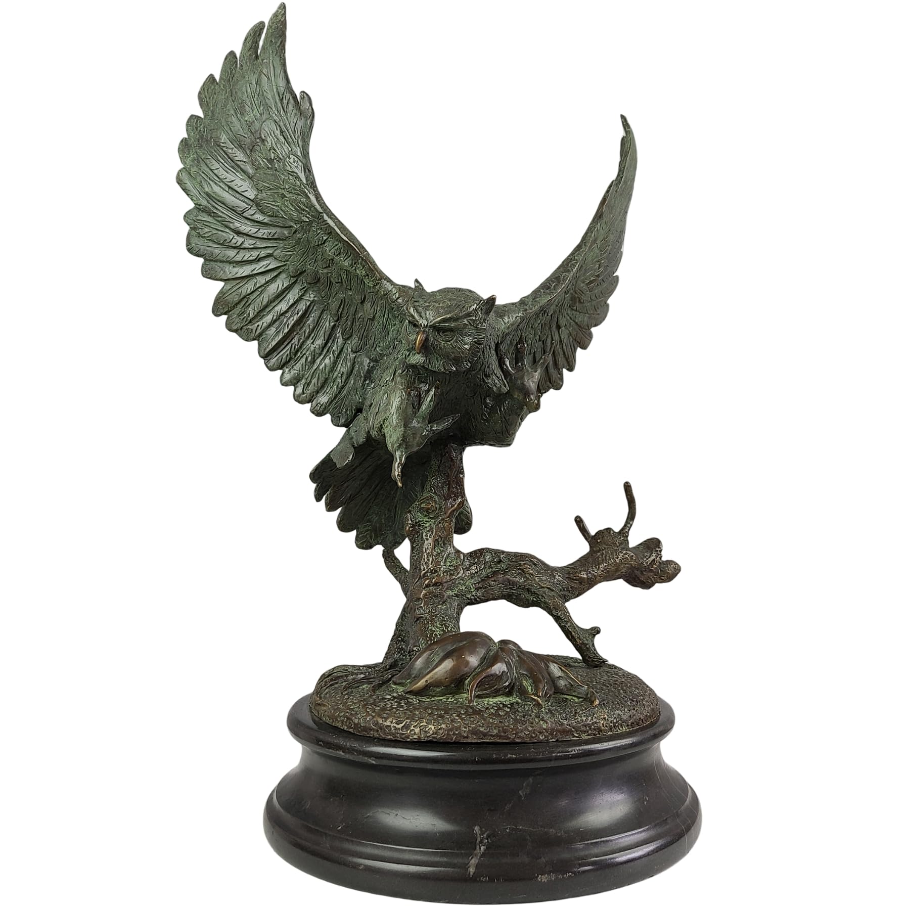 Bronze Owl Flying Over Branches Statue, Elegant Bird of Prey Figurine 20.9"-24.4" Pure Bronze Handmade Casting, Bronze Animal Sculpture for Home Office Decor & Gift Idea (Brass Patina Color)